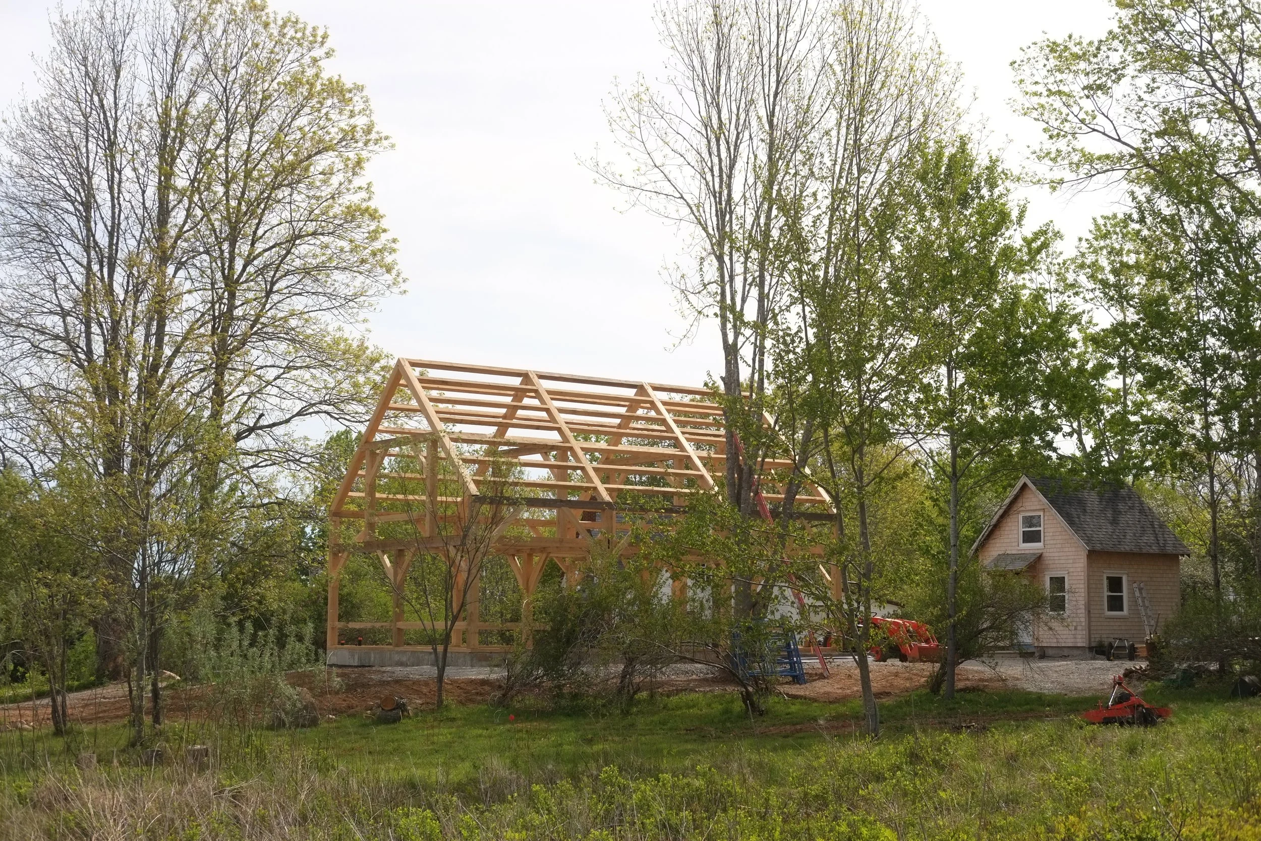 The new barn sits on the edge of a pasture between two ash trees, adjacent to the baby barn thats been restored and converted into a bunkie.