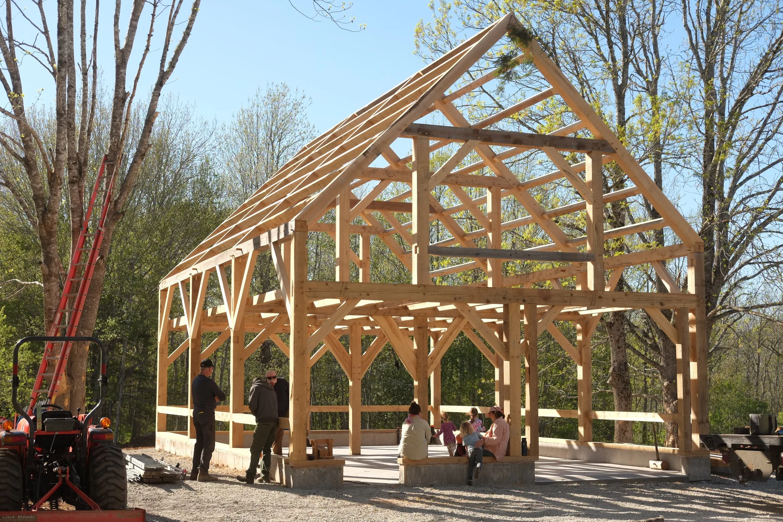 May 2026 - New barn goes up on Northwest Rd in Lunenburg Co. This frame was joined in hemlock and features queen posts and a purlin roof system. The timbers were sawn locally by J.A. Turner & Sons and Fred Sweet.