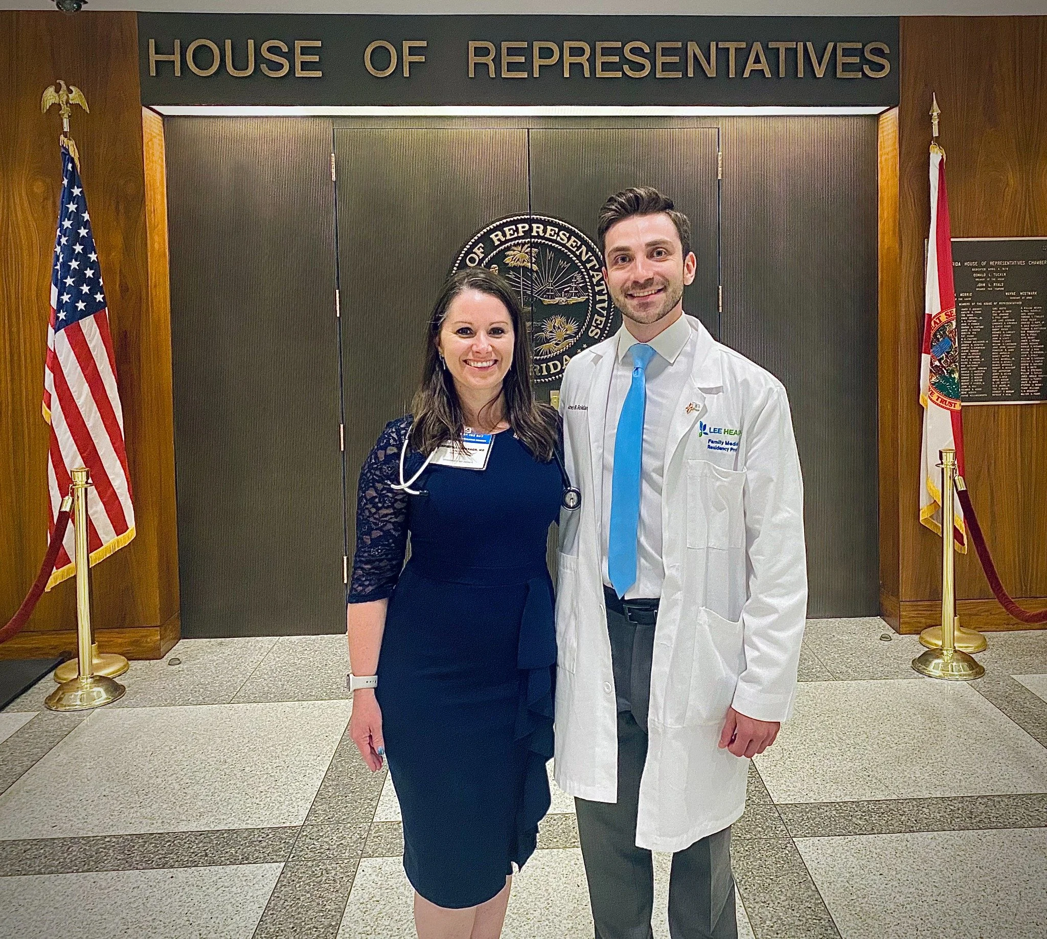 Serving as Doctor of the Day at the Florida Capitol in Tallahassee with Dr. Christy Cavanagh, Lee Health Family Medicine residency faculty.