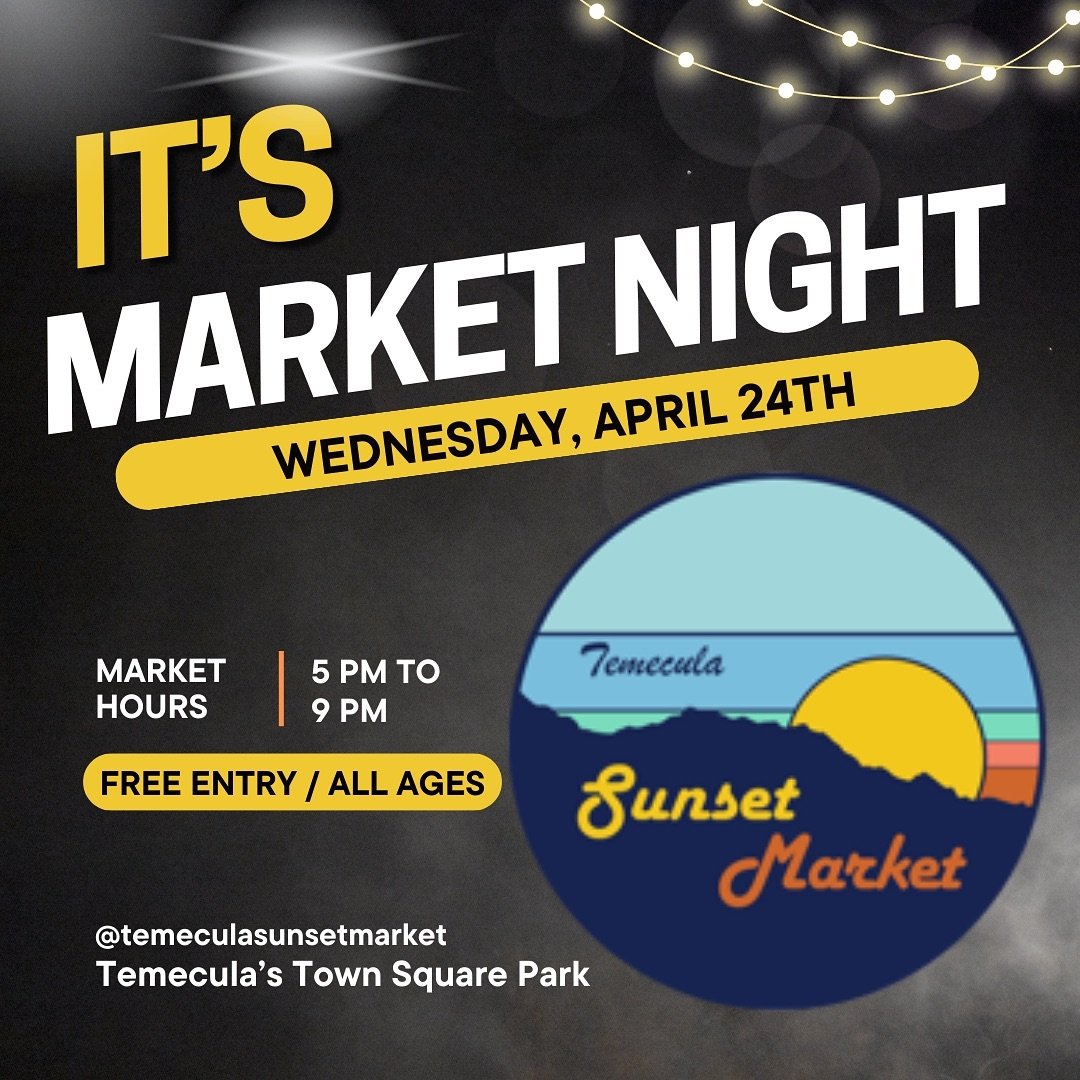 The Temecula Sunset Market is open tonight! Time to dance, shop, and mingle with the community. 

Date: 4/24/24
Time: 5-9pm
Location: Town Square Park

#temeculasunsetmarket2024 #temecula #markettime #livedj🎧 #vendors #food #freeadmission #sunsetstr