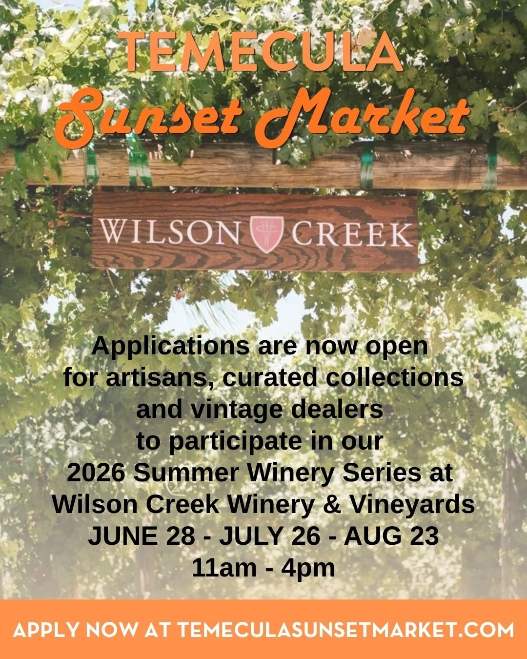🍷✨ VENDOR APPLICATIONS ARE NOW OPEN! ✨🍷
Join us for the 2026 Temecula Sunset Market Summer Wine Series at Wilson Creek Winery &amp; Vineyards!
📅 Market Dates:
&bull; June 28, 2026
&bull; July 26, 2026
&bull; August 23, 2026
🕚 11:00 AM &ndash; 4:0