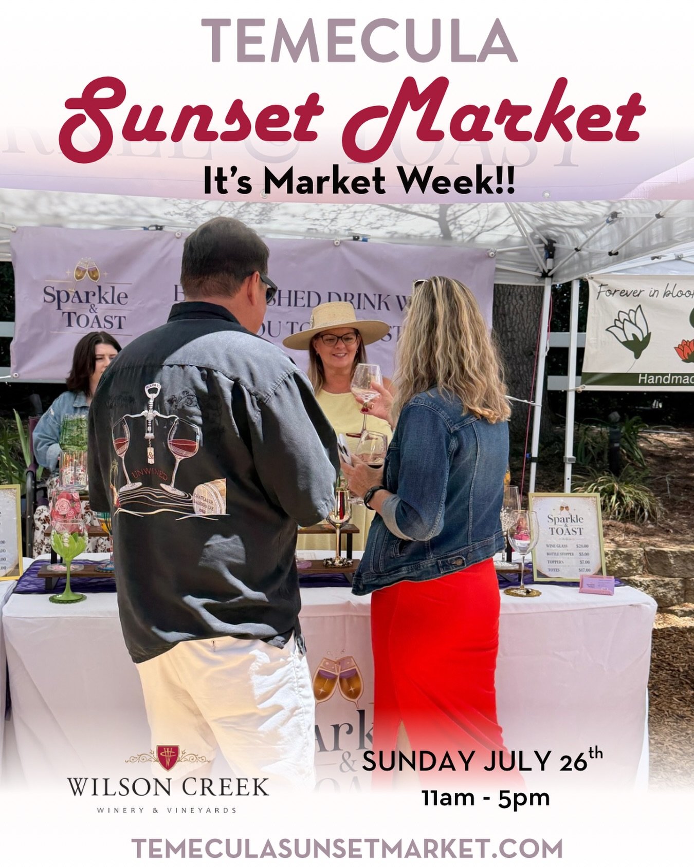 🎉 IT&rsquo;S MARKET WEEK! 🎉

The Temecula Sunset Market Summer Winery Series is back this Sunday, July 26, and we can&rsquo;t wait to spend the day with you! ☀️🍷

Come shop an amazing lineup of local makers, artisans, vintage vendors, boutiques, a