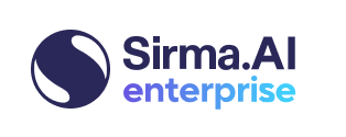 Logo with a navy blue circle containing white abstract shapes on the left and the word 'Sirma' in bold navy blue text on the right.