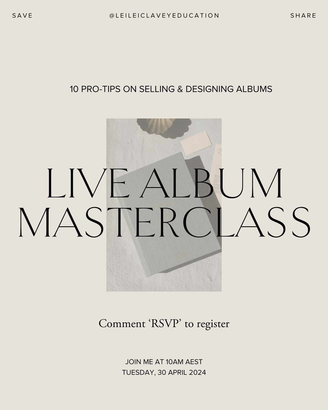 **Live Album Masterclass** 

SAVE THE DATE: 10am AEST on Tuesday, 30 April

Next week I&rsquo;m running a live masterclass to kick off the launch on my new online course The Art of Selling Albums. 

Here&rsquo;s what I&rsquo;ll be covering in the onl