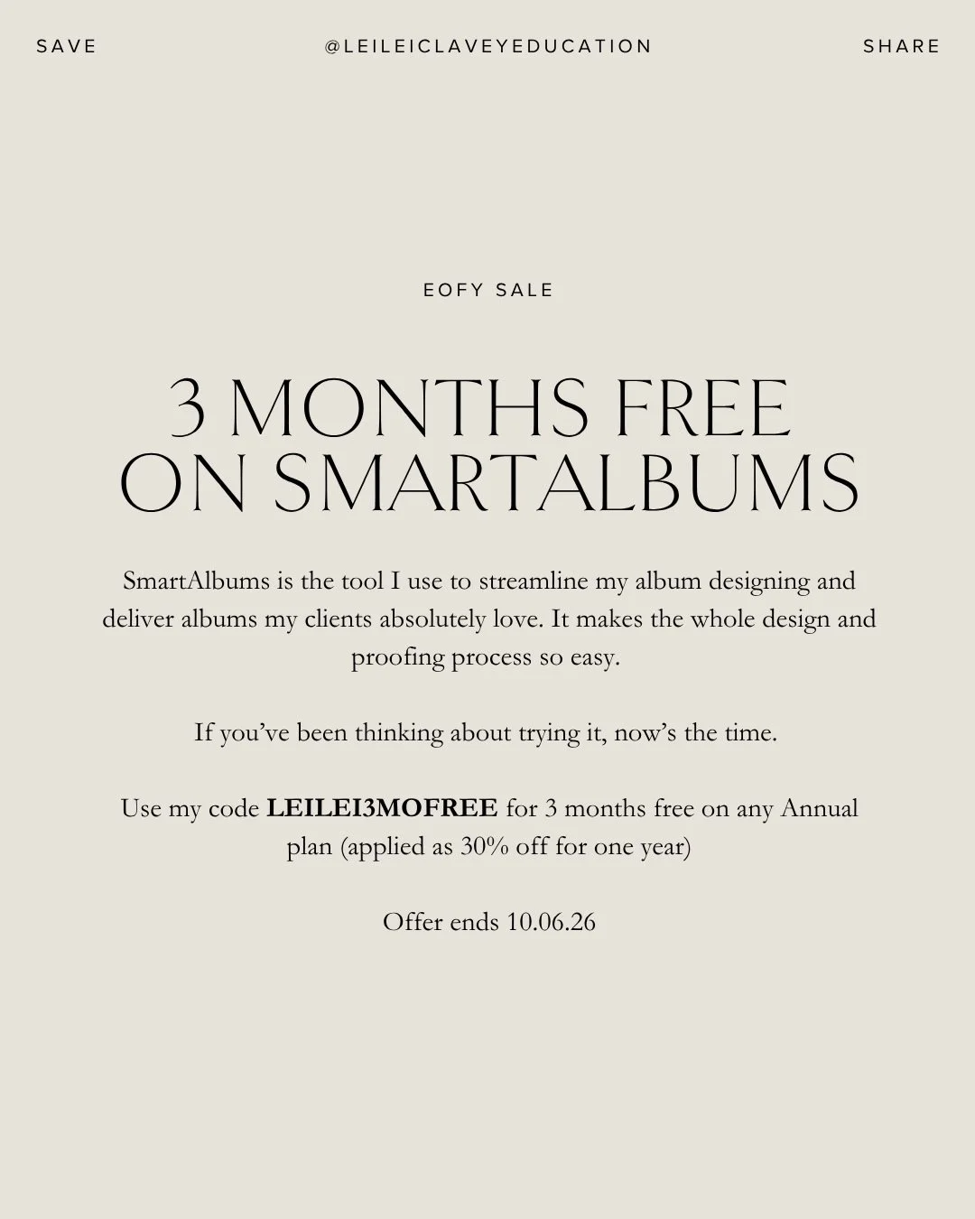 There are many good EOFY sales on the products and tools we use in our businesses that I wanted to share. And this one can be used even if you&rsquo;re already a subscriber. 

@SmartAlbums is the tool I use to streamline my album designing and delive
