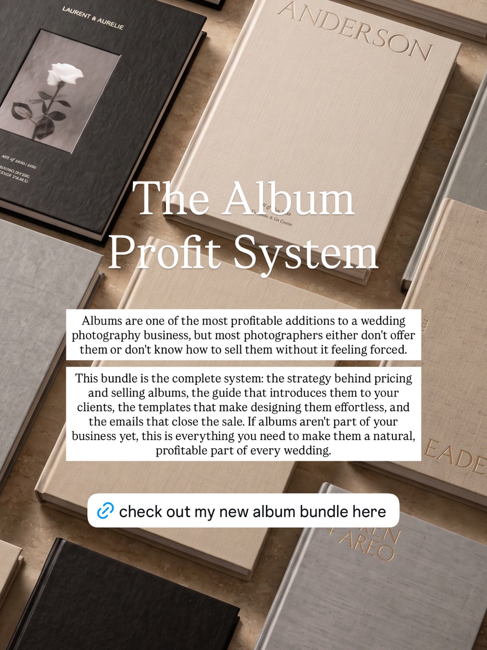 Albums are one of the most profitable additions to a wedding photography business, but most photographers either don&rsquo;t offer them or don&rsquo;t know how to sell them without it feeling forced. 

This bundle is the complete system: the strategy
