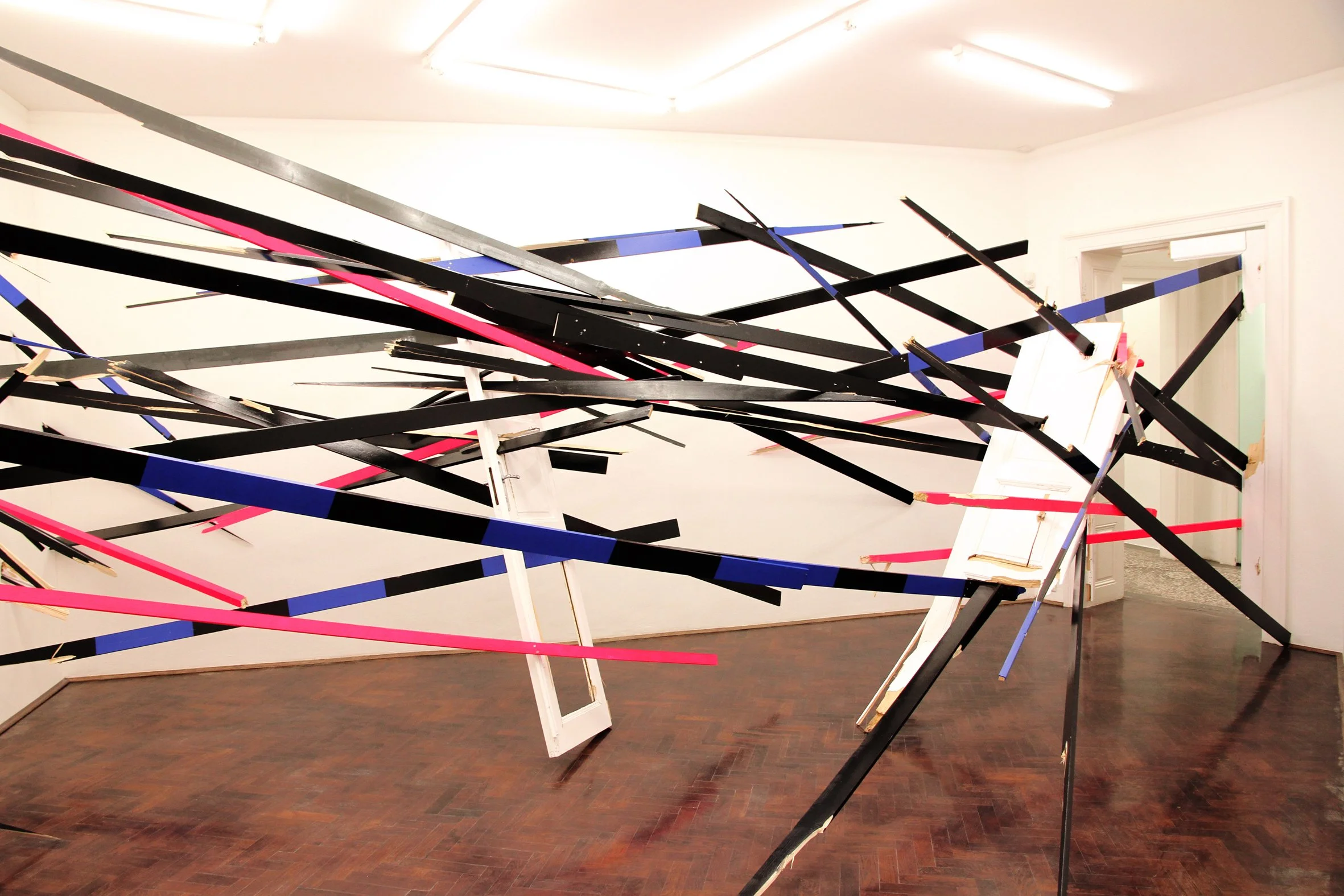 Aftermath, 2015  
Acrylics and enamel paint on wood  
Dimensions variable  
Galerie Zimmermann Kratochwill, Graz, A