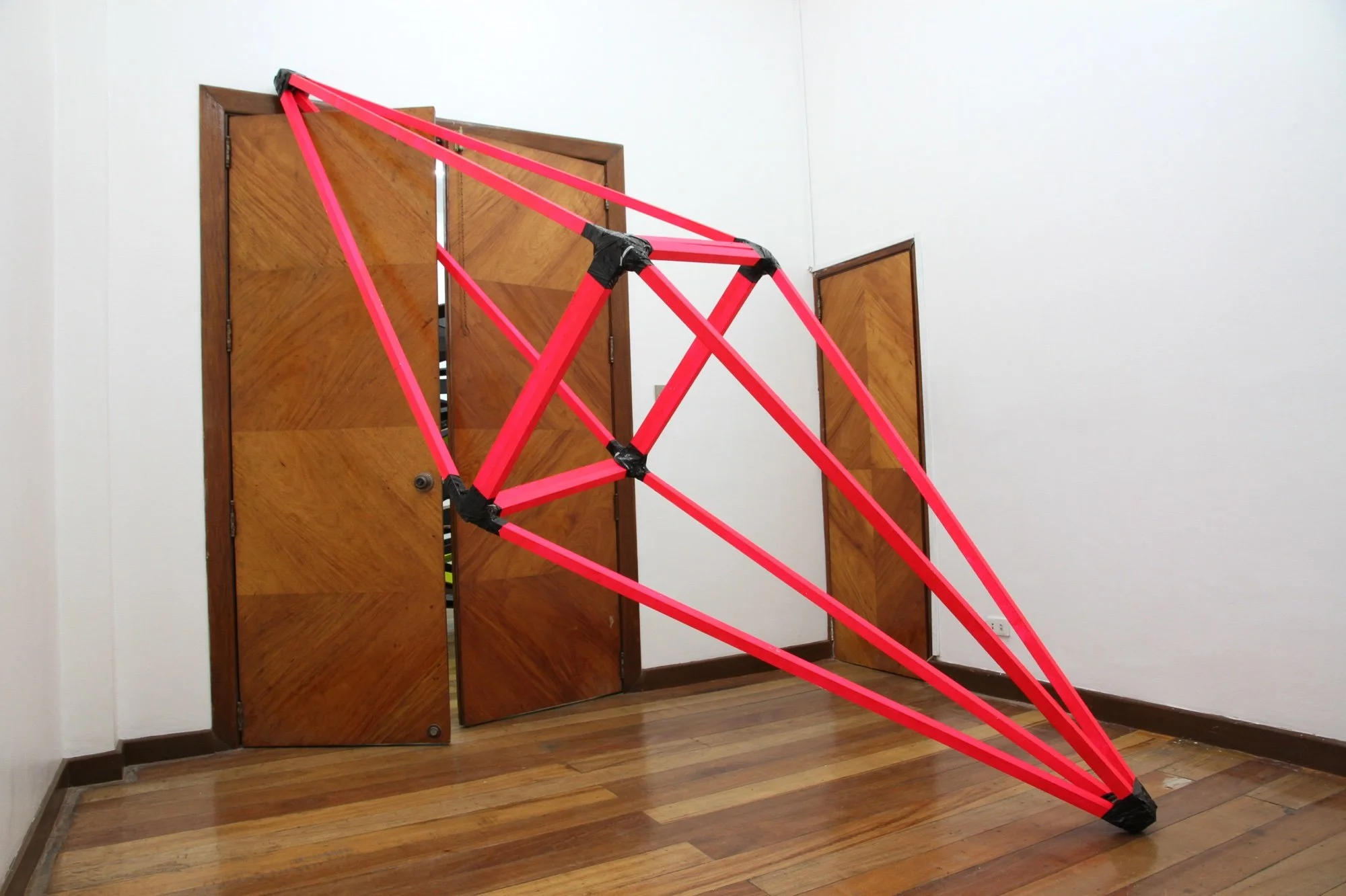 Counting bodies like sheep to the rhythm of the war drums, 2015   
Acrylics and enamel paint on wood, tape, water color  
Sound installation by David Reumueller, A  
Dimensions variable  
1335 Mabini, Manila, Philippines