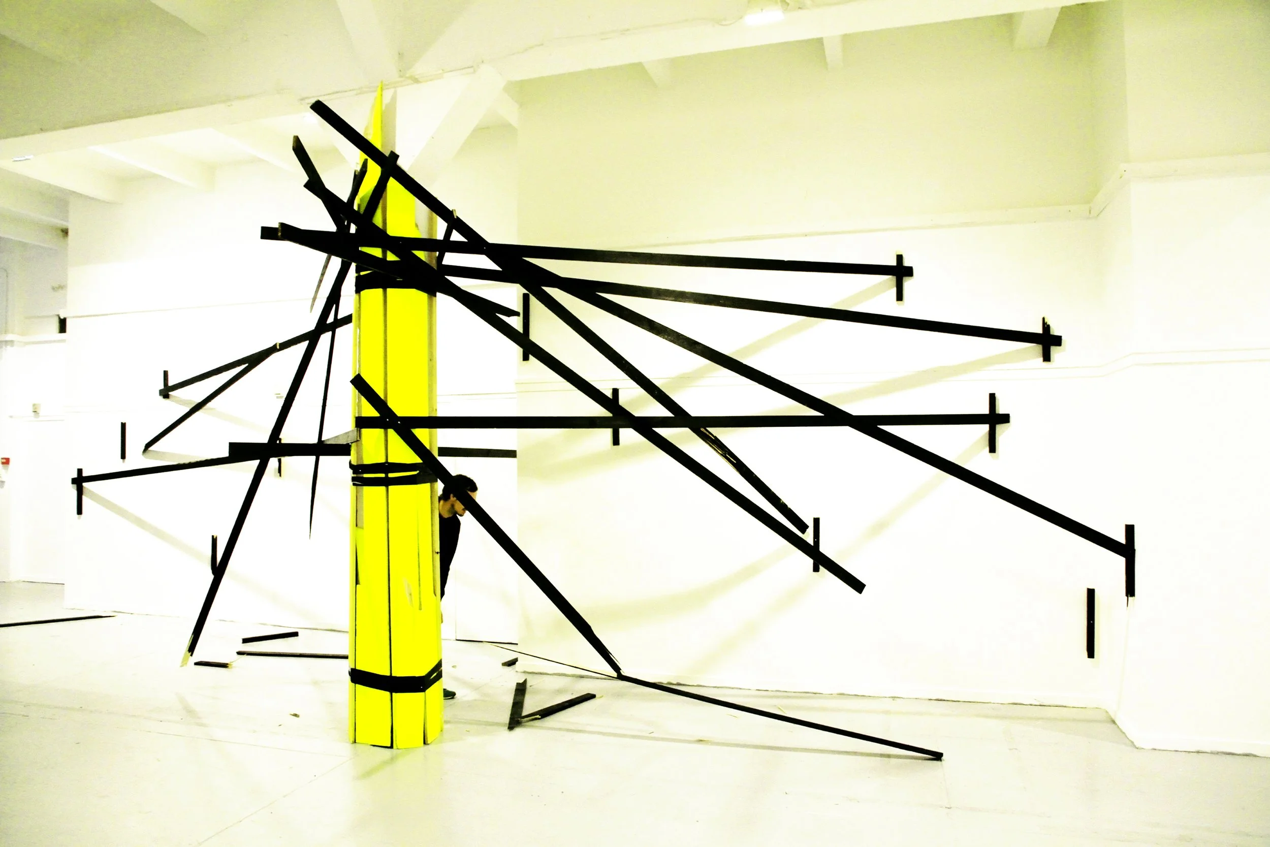 In the meantime, 2011  
Acrylics and enamel paint on wood, tape  
Dimensions variable  
1er Festival International d’Art Non Objectif de la ville de Pont de Claix (Isere), F