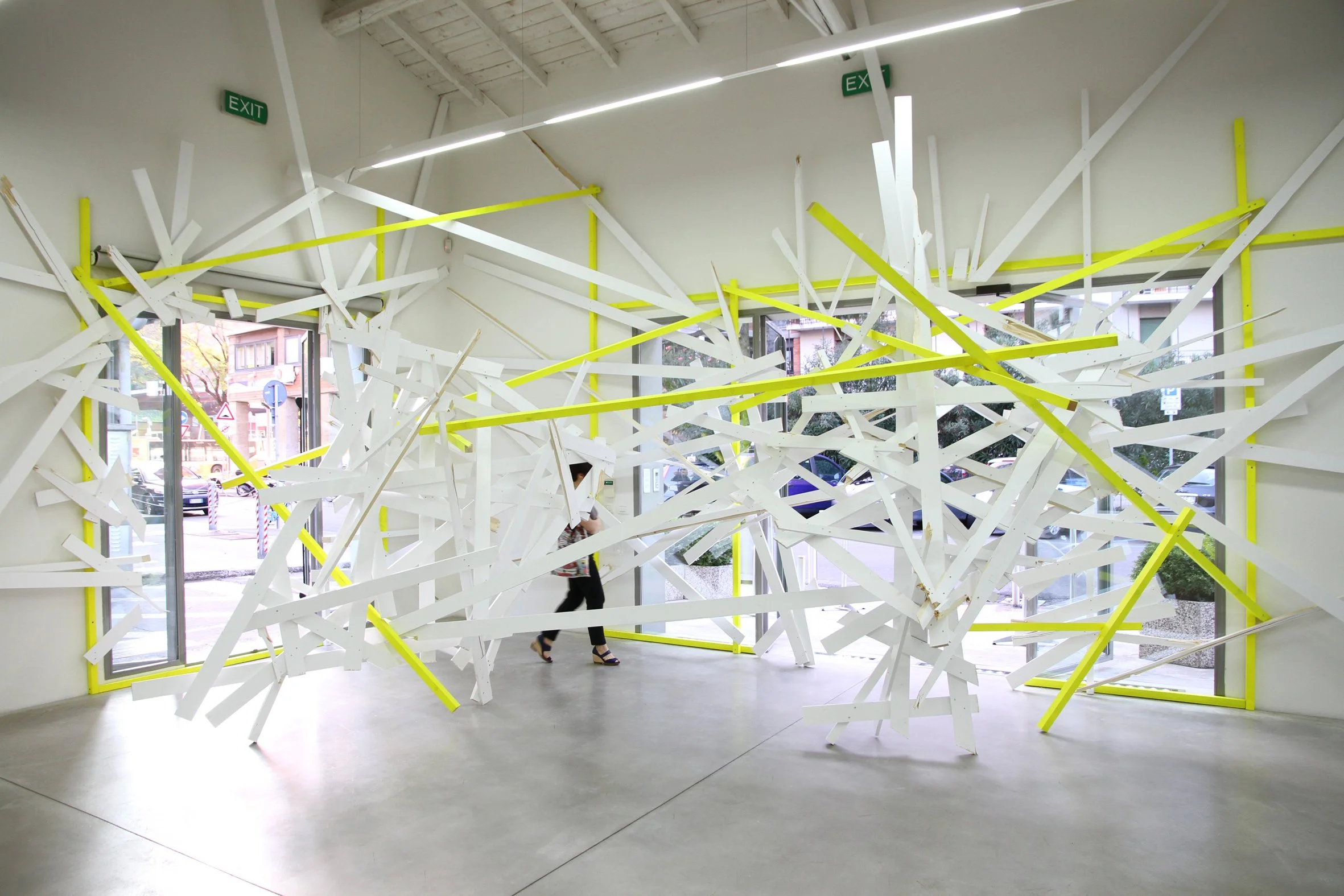 No shelter, 2014  
Acrylics and enamel paint on wood  
Dimensions variable  
Galleria Enrico Astuni, Bologna, IT