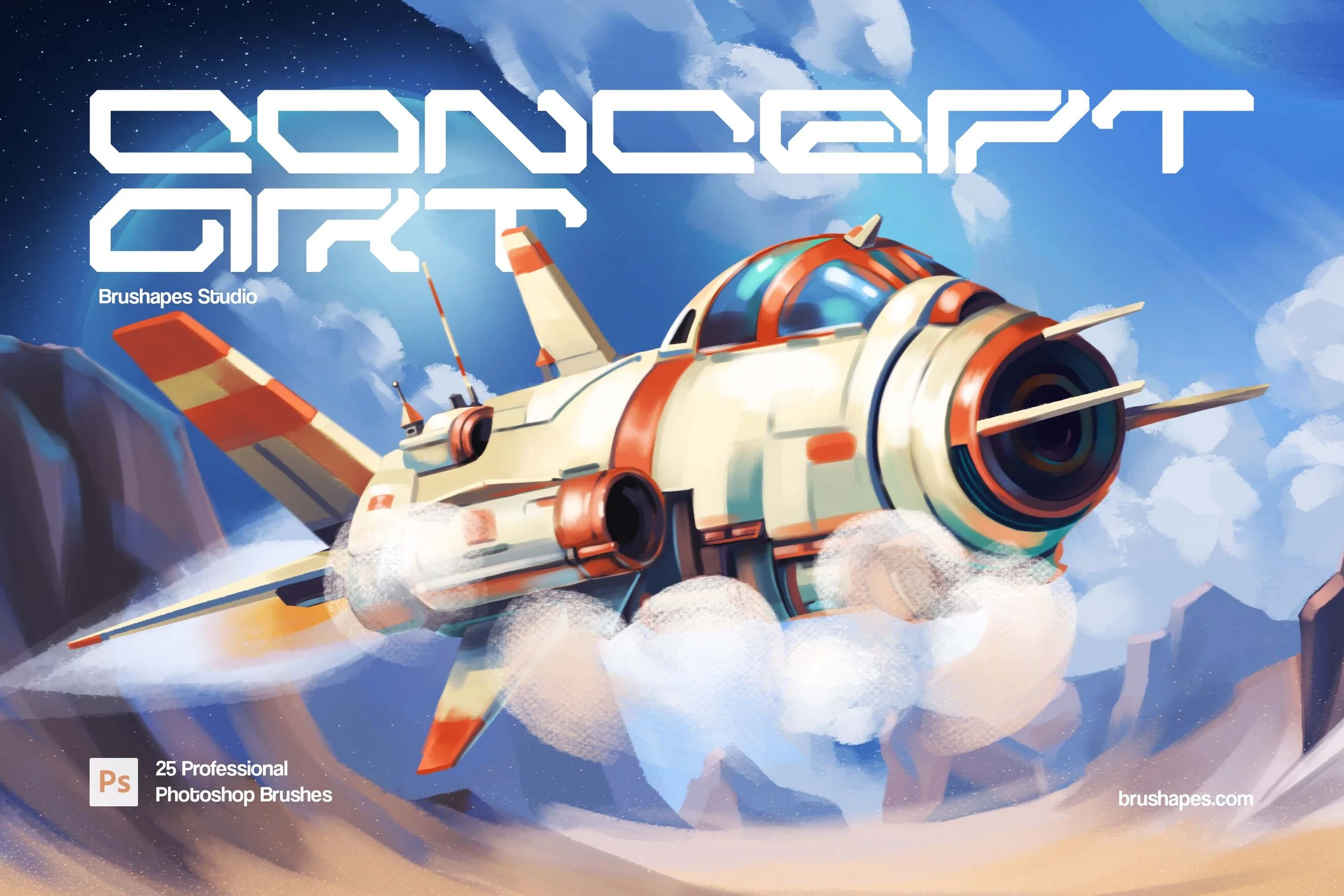 Detailed cream-and-red retro spaceship flying through clouds over desert mountains — Brushapes Concept Art Photoshop brushes cover painting