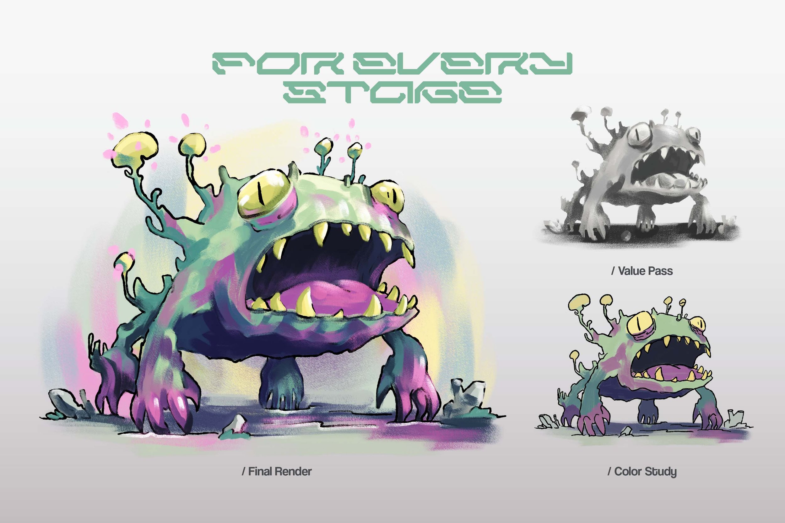 Alien fungal monster shown as final color render, grayscale value pass, and rough color study — Brushapes Concept Art Multi App workflow