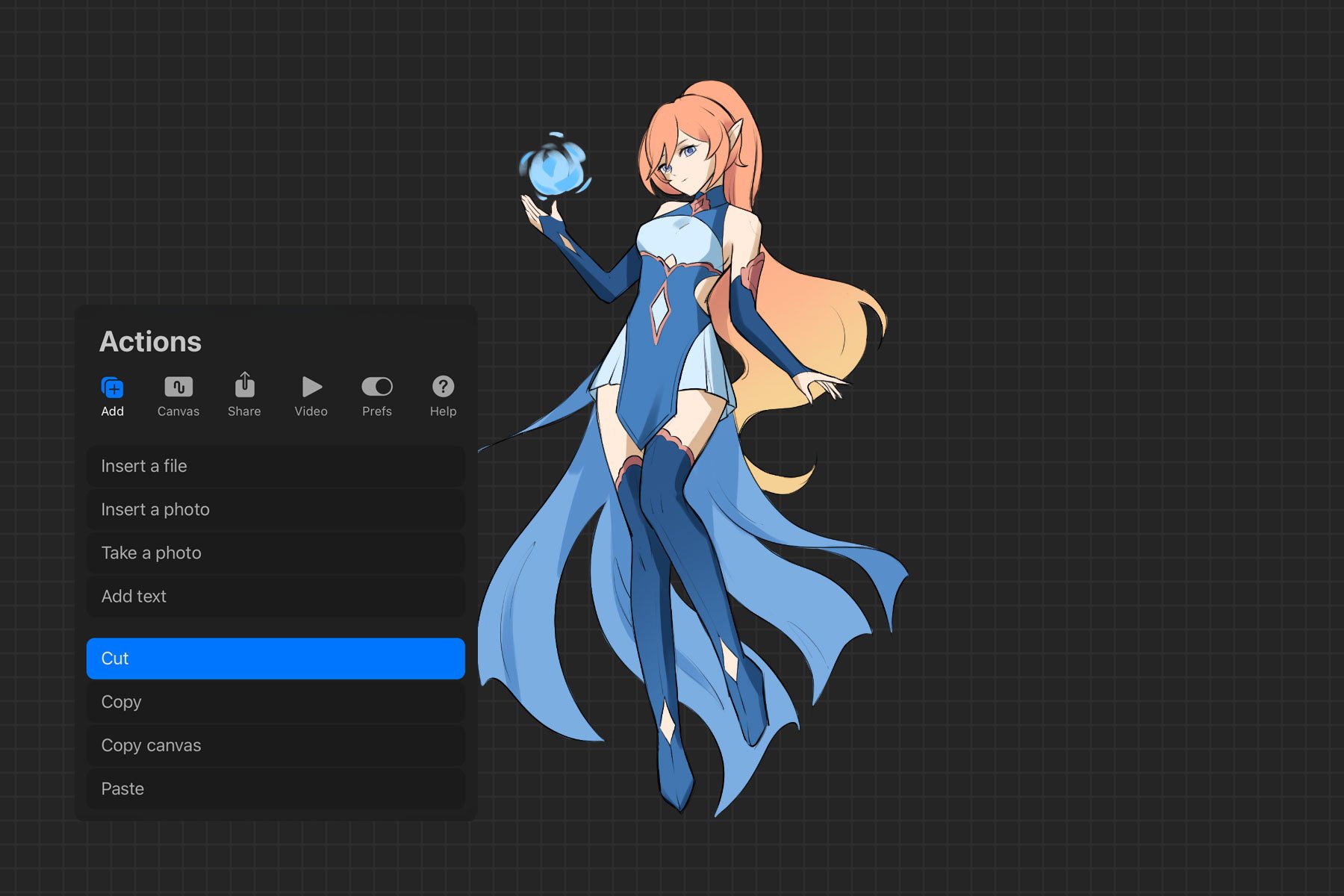 Procreate Actions menu open on Cut next to a character illustration — removing a background in Procreate