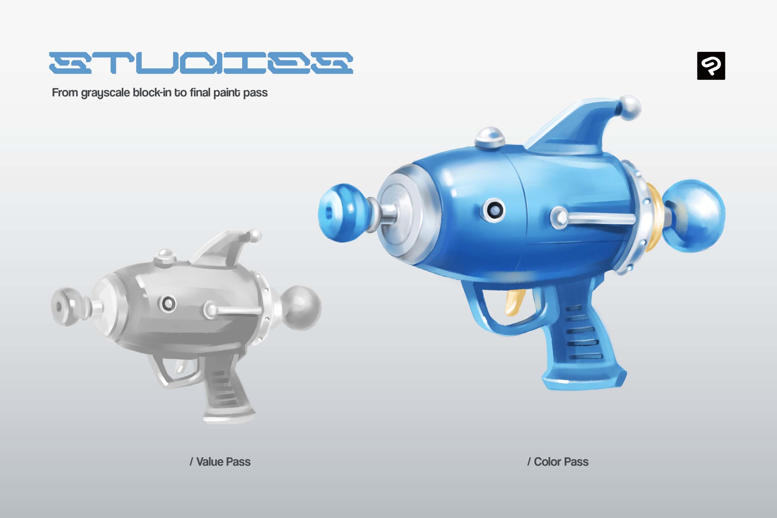 Sci-fi ray gun shown in grayscale value pass and finished blue color pass — Brushapes Concept Art brushes hard-surface workflow demo