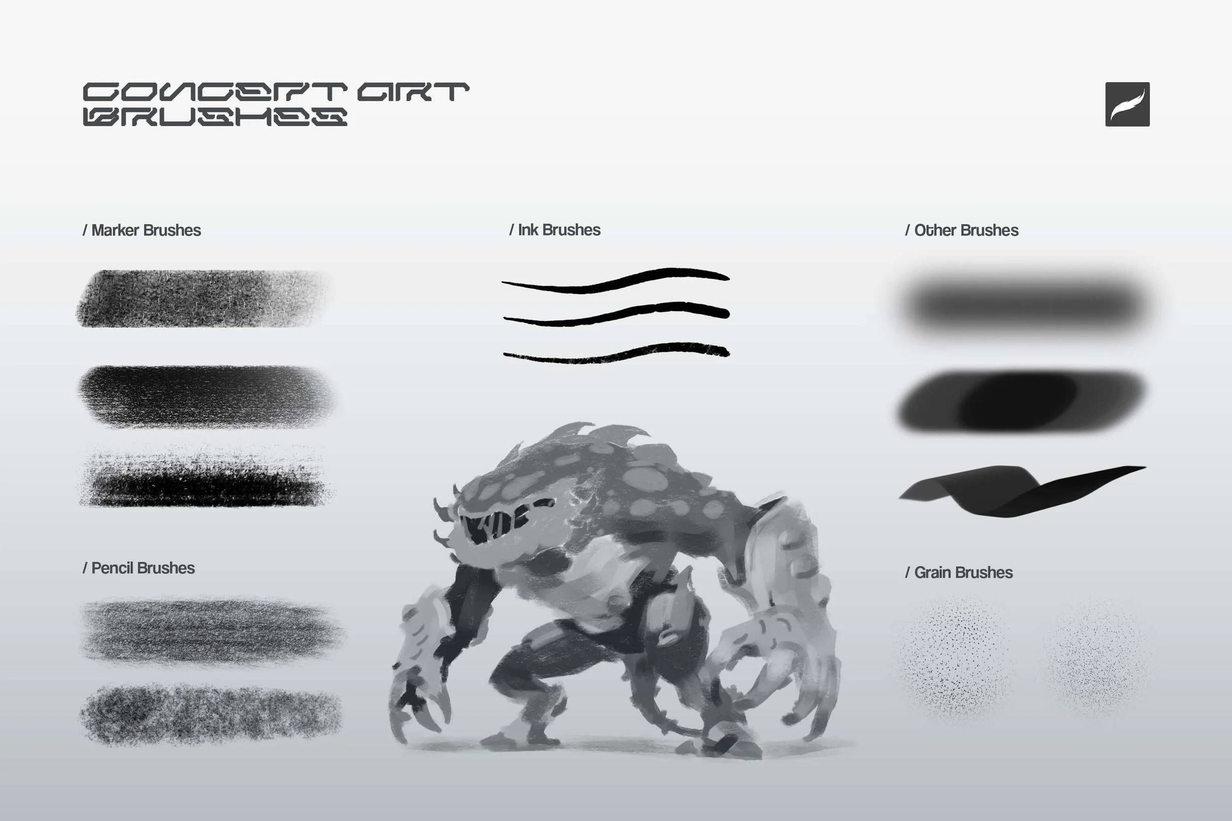 Marker, ink, pencil, grain and shape brush stroke samples around a grayscale creature painting — Brushapes Concept Art Procreate brushes