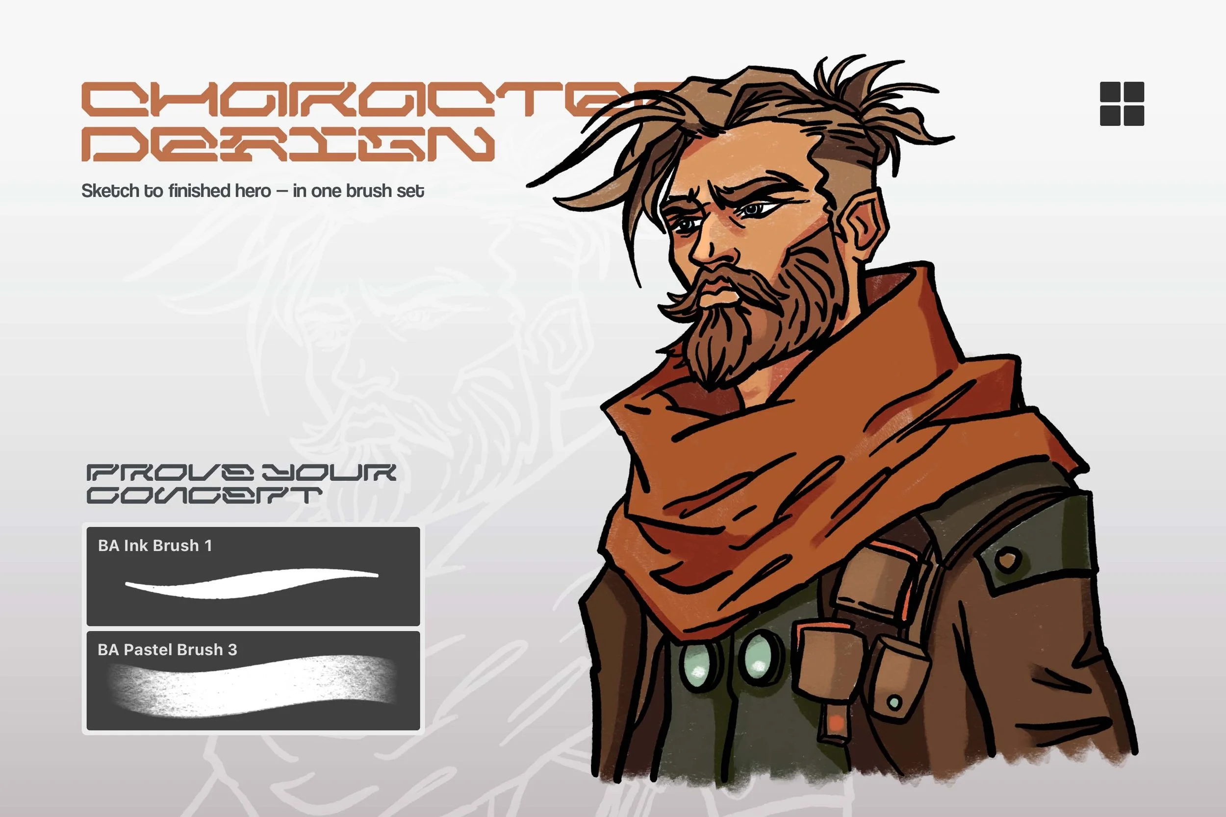 Bearded post-apocalyptic character in orange scarf and utility coat — Brushapes Character Design Multi App brushes, ink and pastel pass