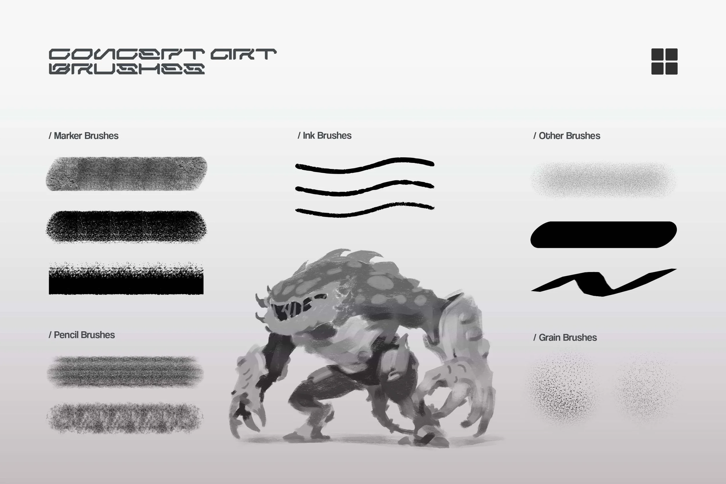 Marker, ink, pencil, grain and shape brush stroke samples around a grayscale creature painting — Brushapes Concept Art Multi App brushes