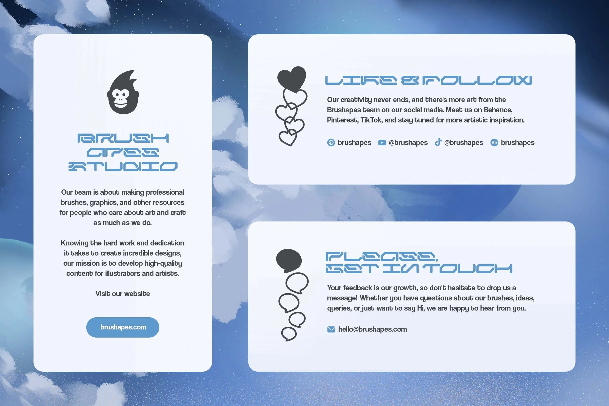 Brushapes Studio about and contact card — mission statement, social handles for Pinterest, YouTube, TikTok and Behance, hello@brushapes.com
