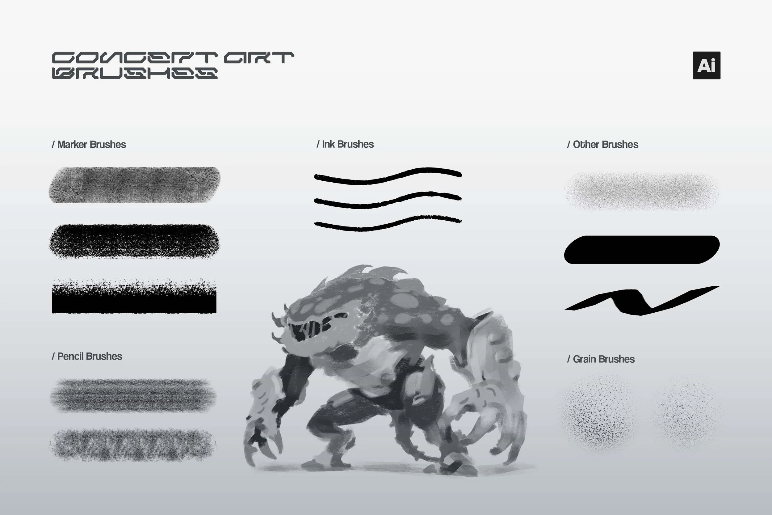 Marker, ink, pencil, grain and shape brush stroke samples around a grayscale creature painting — Brushapes Concept Art Illustrator brushes