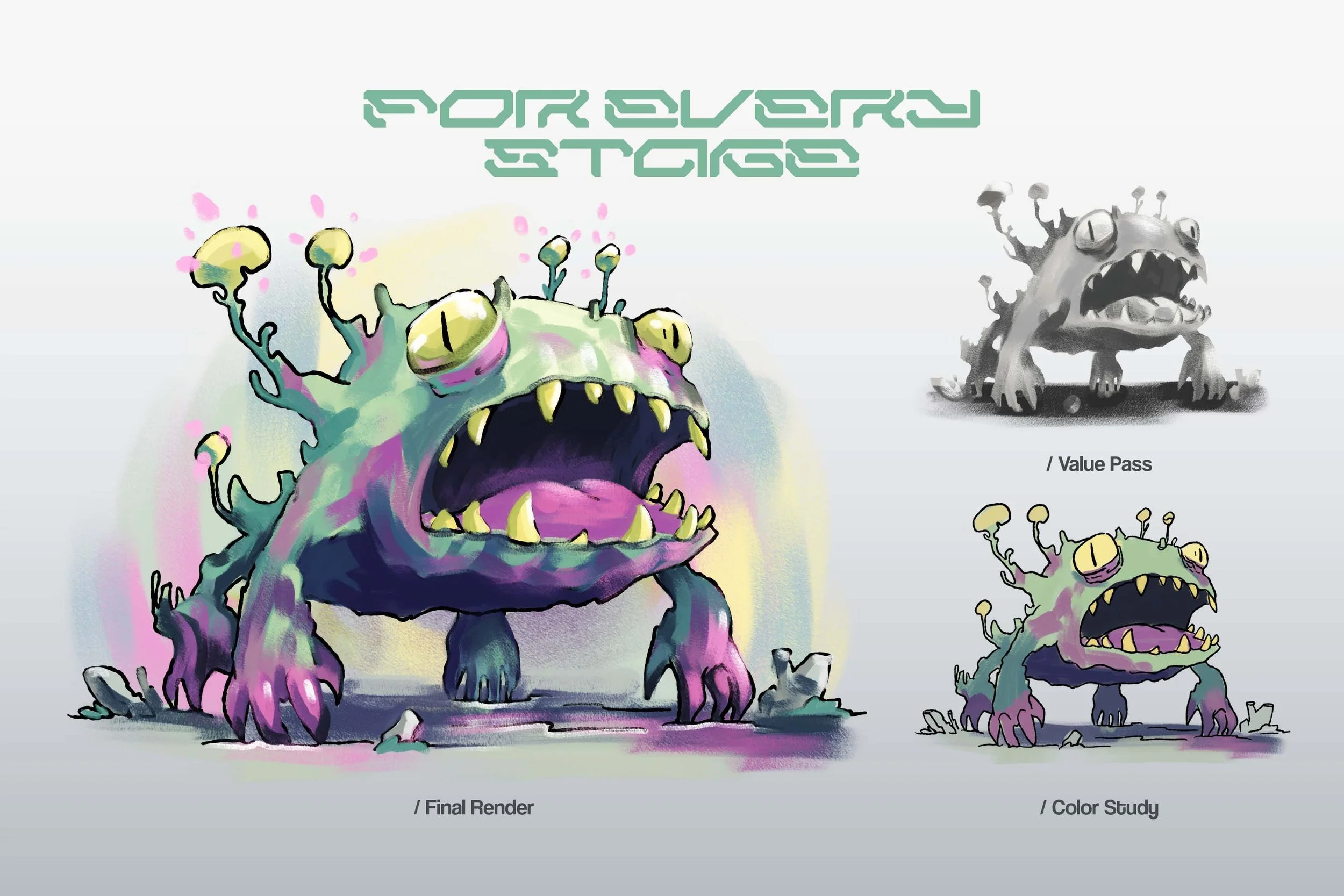 Alien fungal monster shown as final color render, grayscale value pass, and rough color study — Brushapes Concept Art Photoshop workflow