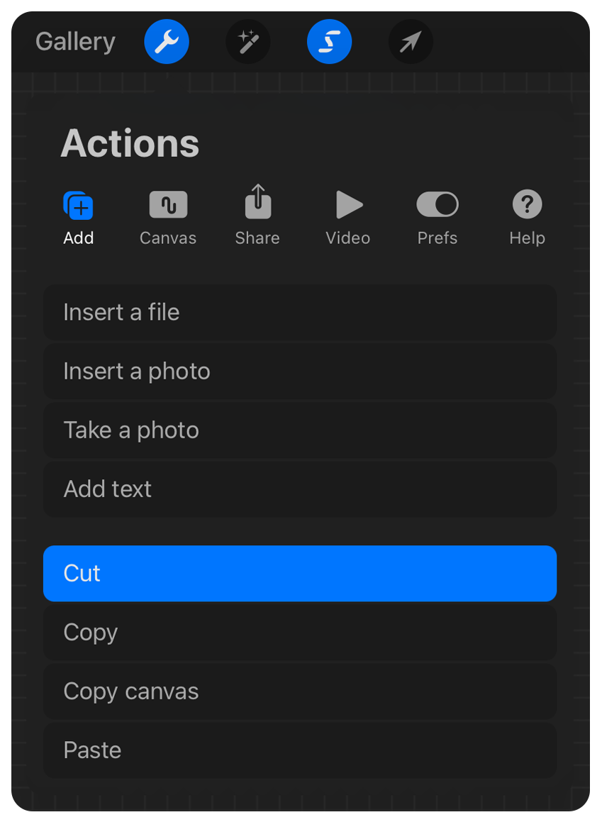 Procreate Actions menu, Add tab, with Cut highlighted to delete the selected background