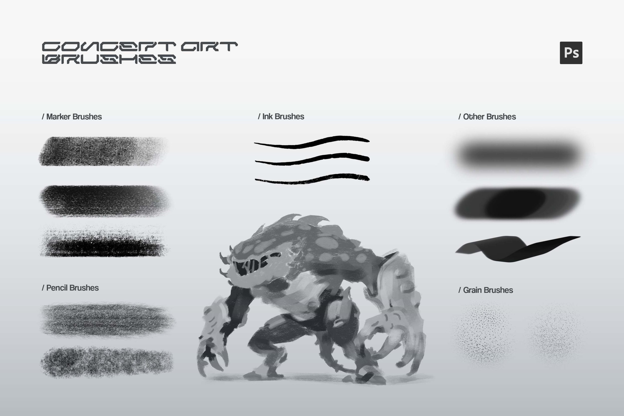 Marker, ink, pencil, grain and shape brush stroke samples around a grayscale creature painting — Brushapes Concept Art Photoshop brushes