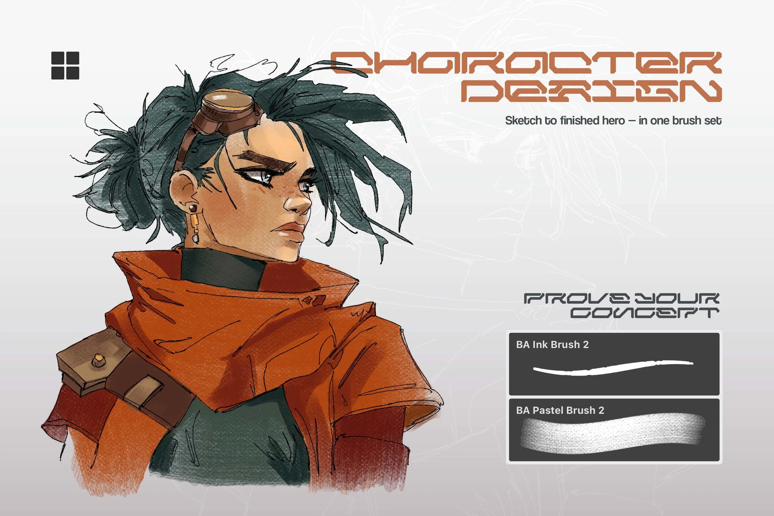 Post-apocalyptic woman with goggles and orange coat shown with lineart underdrawing — Brushapes Character Design Multi App brushes