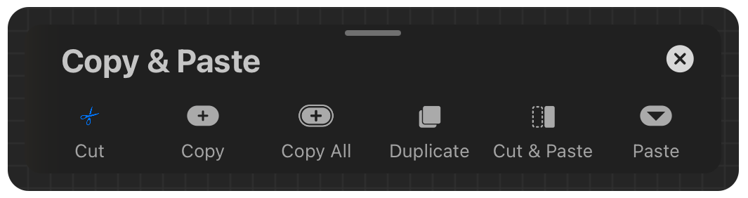Procreate Copy and Paste menu opened with a three-finger swipe down, Cut as the first option