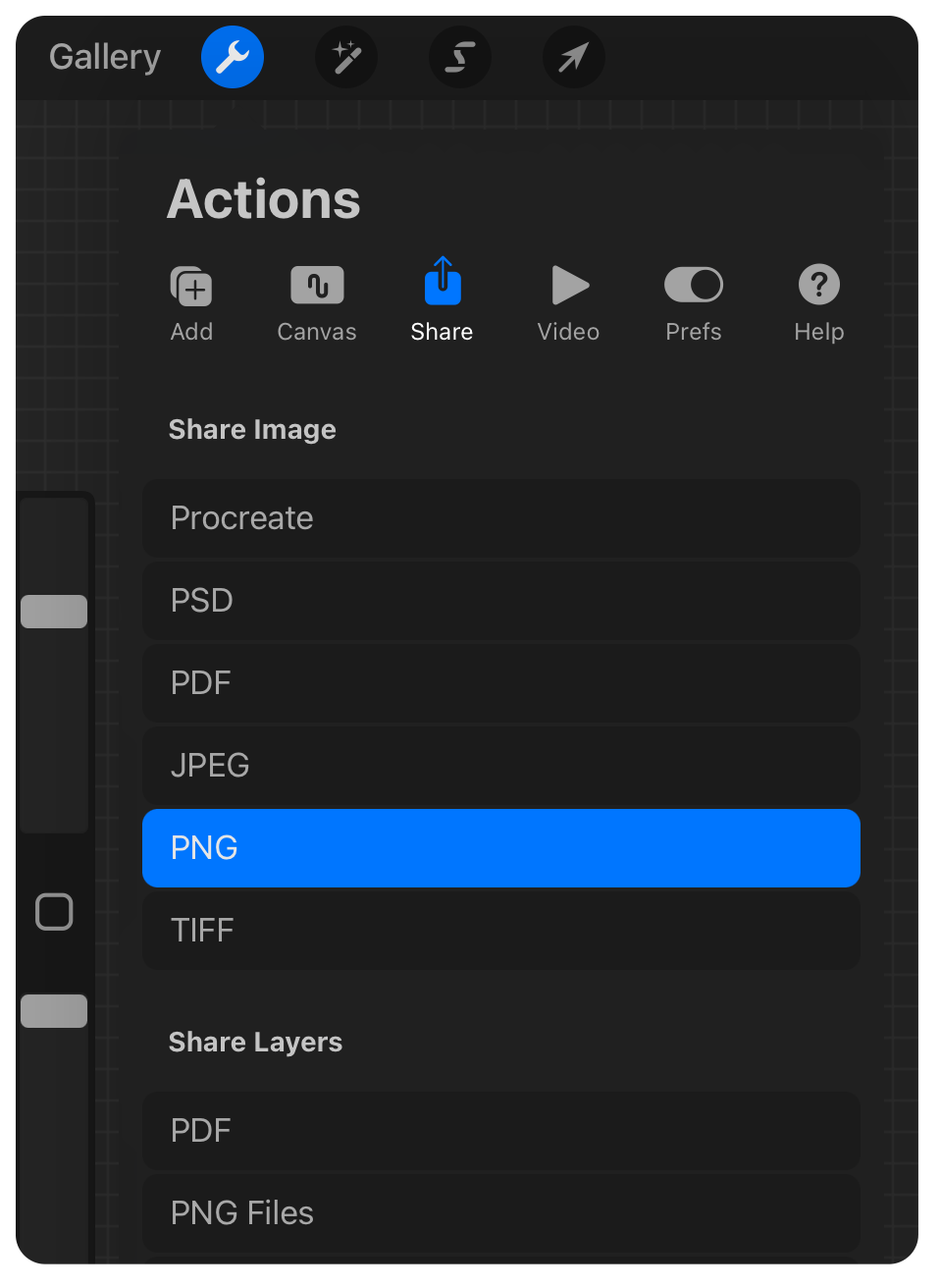 Procreate Share menu with PNG selected — the only export format that keeps the background transparent