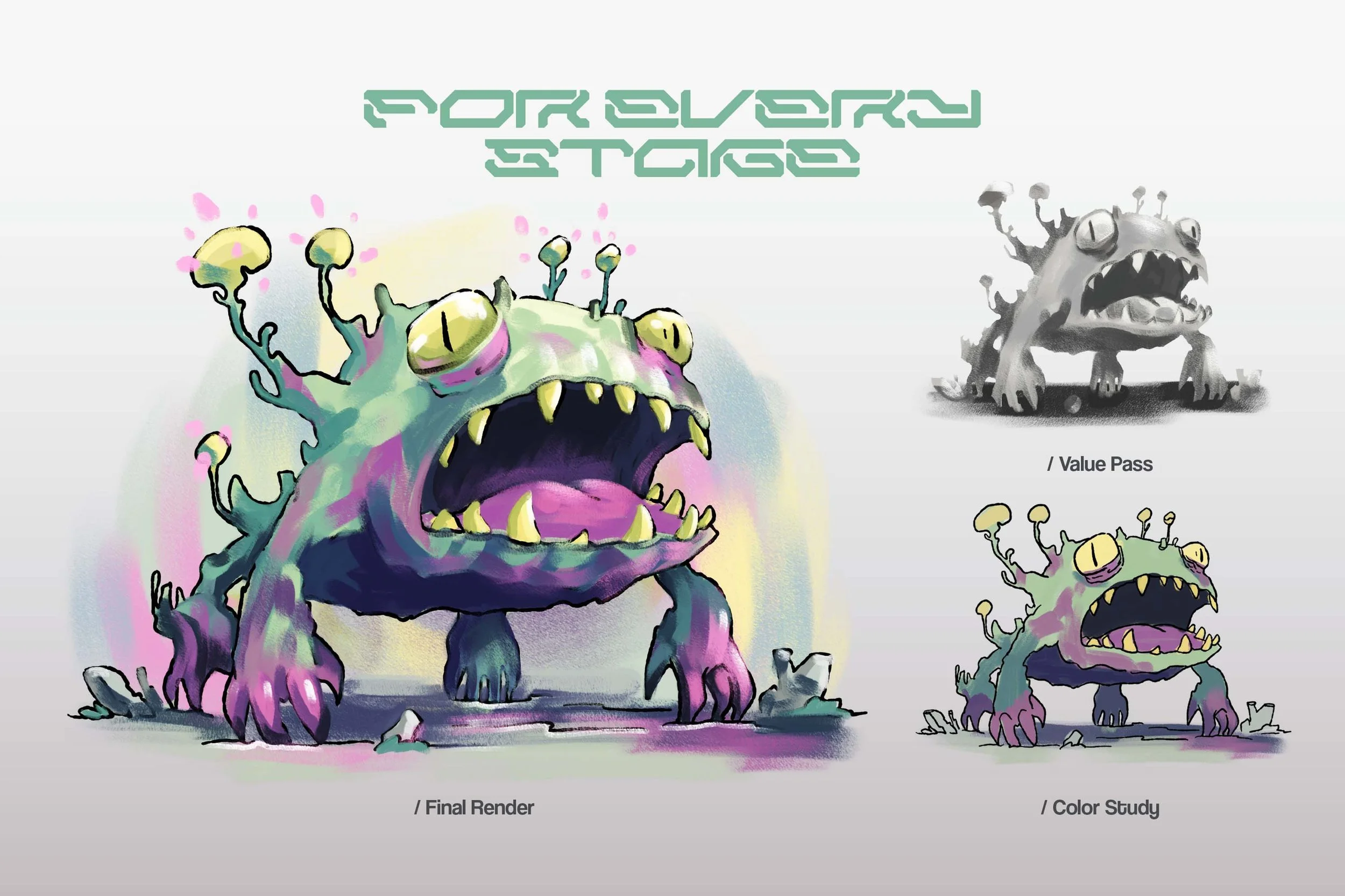 Alien fungal monster shown as final color render, grayscale value pass, and rough color study — Brushapes Concept Art Affinity workflow