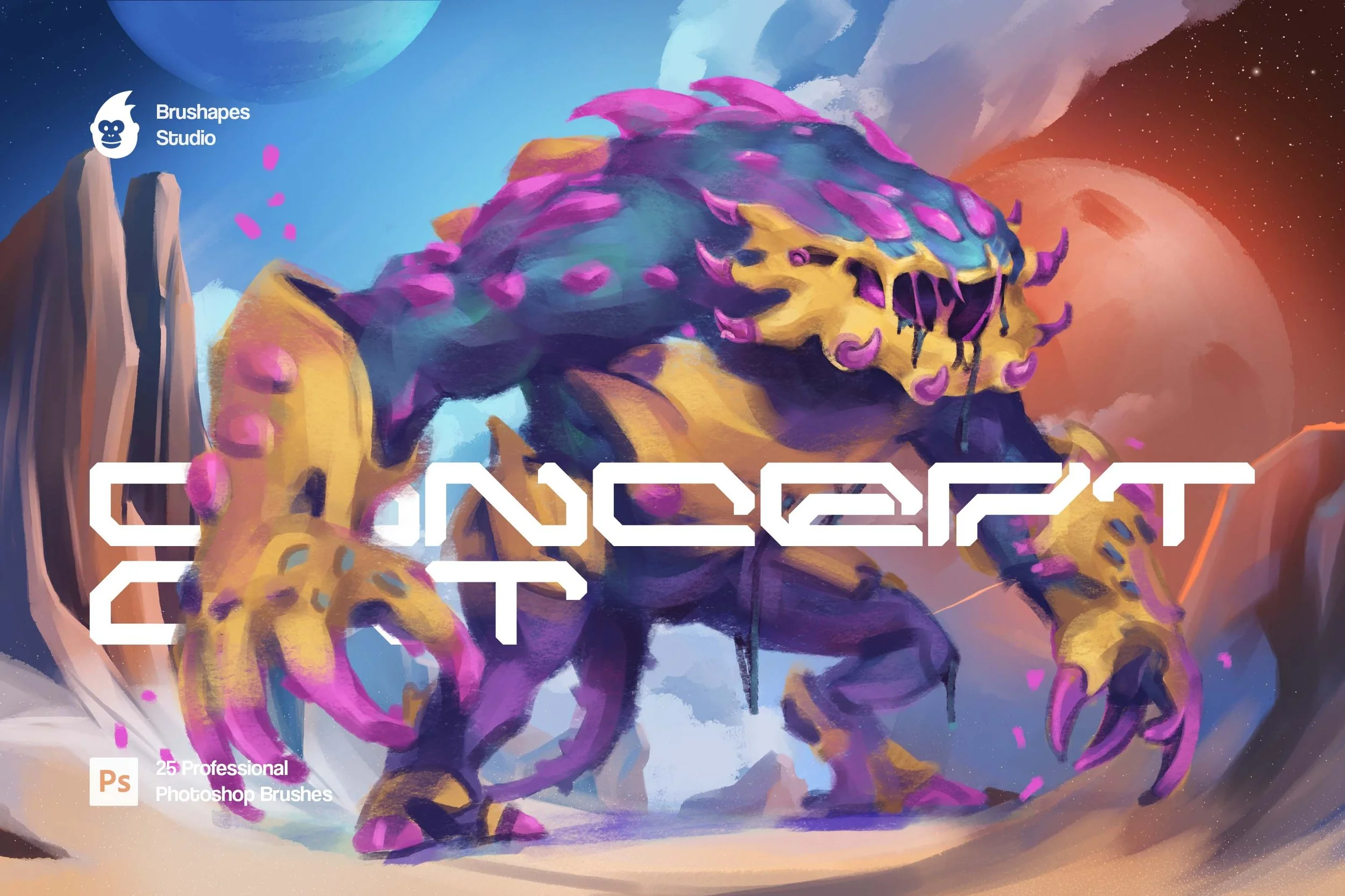 Alien creature with yellow skull-mask in a sci-fi desert with two moons — Brushapes Concept Art Photoshop creature design demo