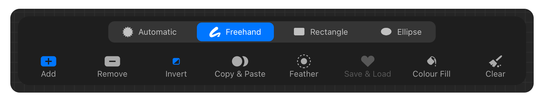 Procreate Selection menu with Freehand active and the Invert option in the row below