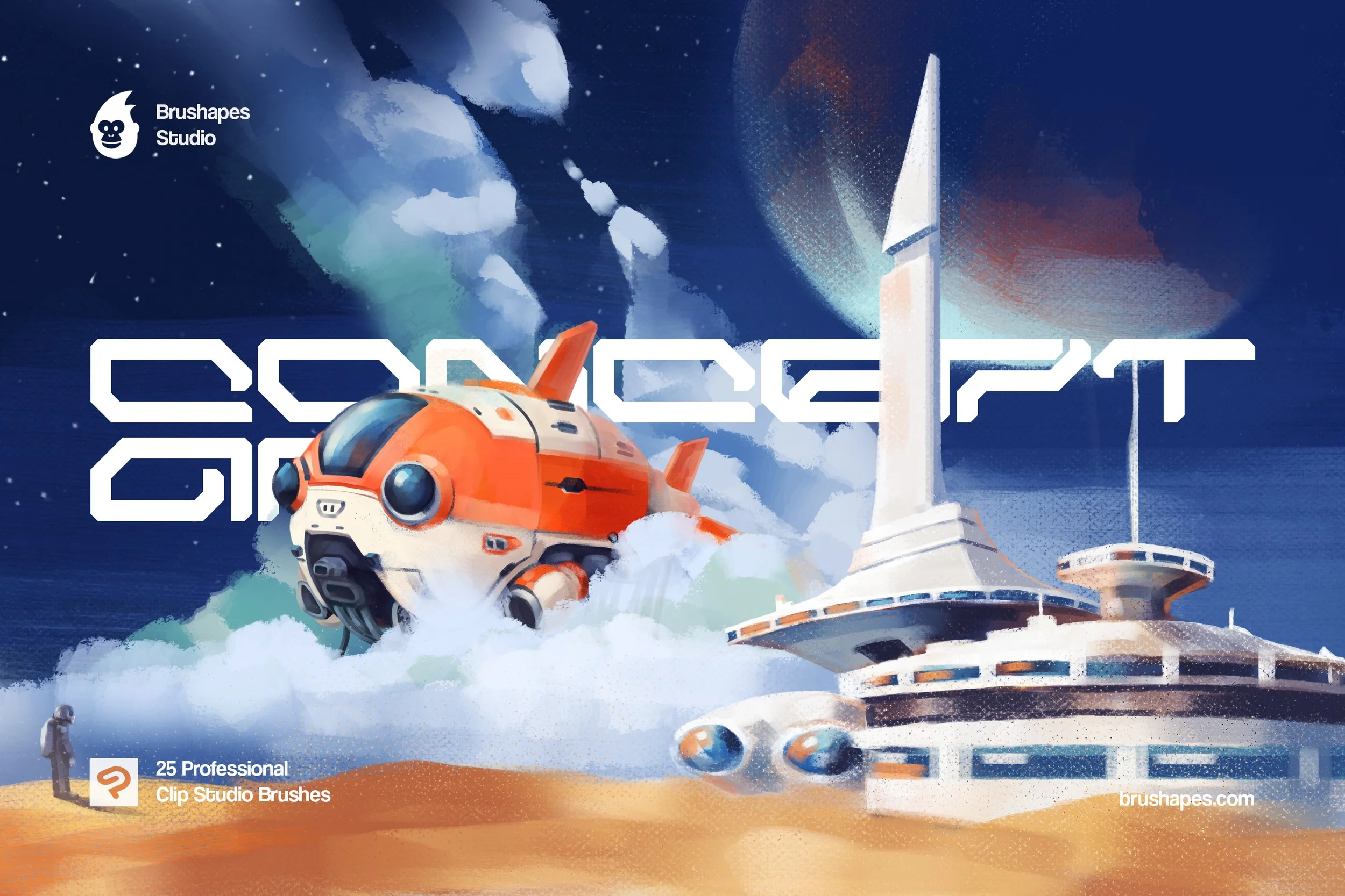 Retro orange rocket flying past a futuristic dome city in starry desert sky — Brushapes Concept Art Clip Studio brushes hero illustration