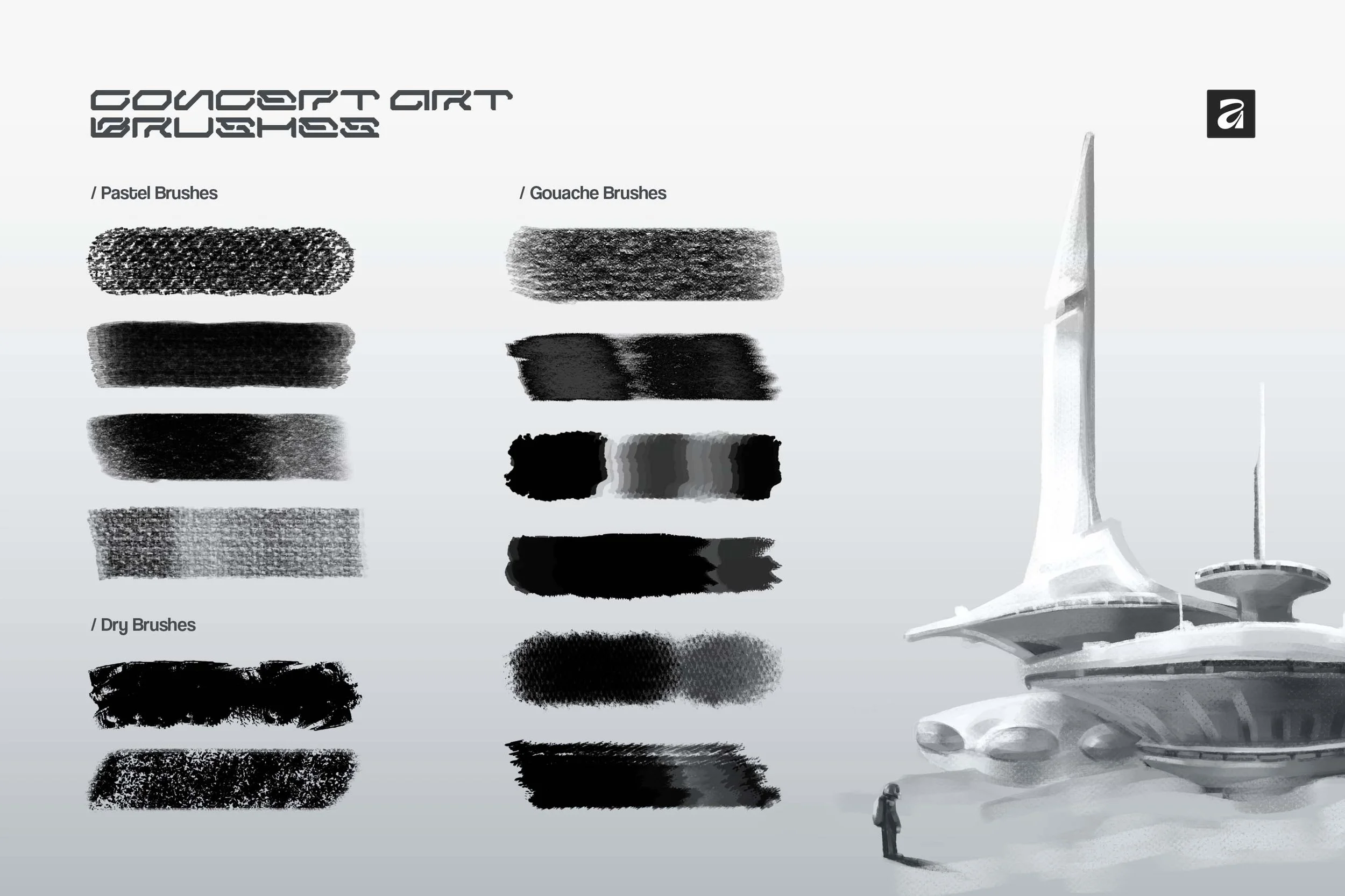 Pastel, gouache, and dry brush stroke samples beside a grayscale futuristic dome city — Brushapes Concept Art Affinity brush textures
