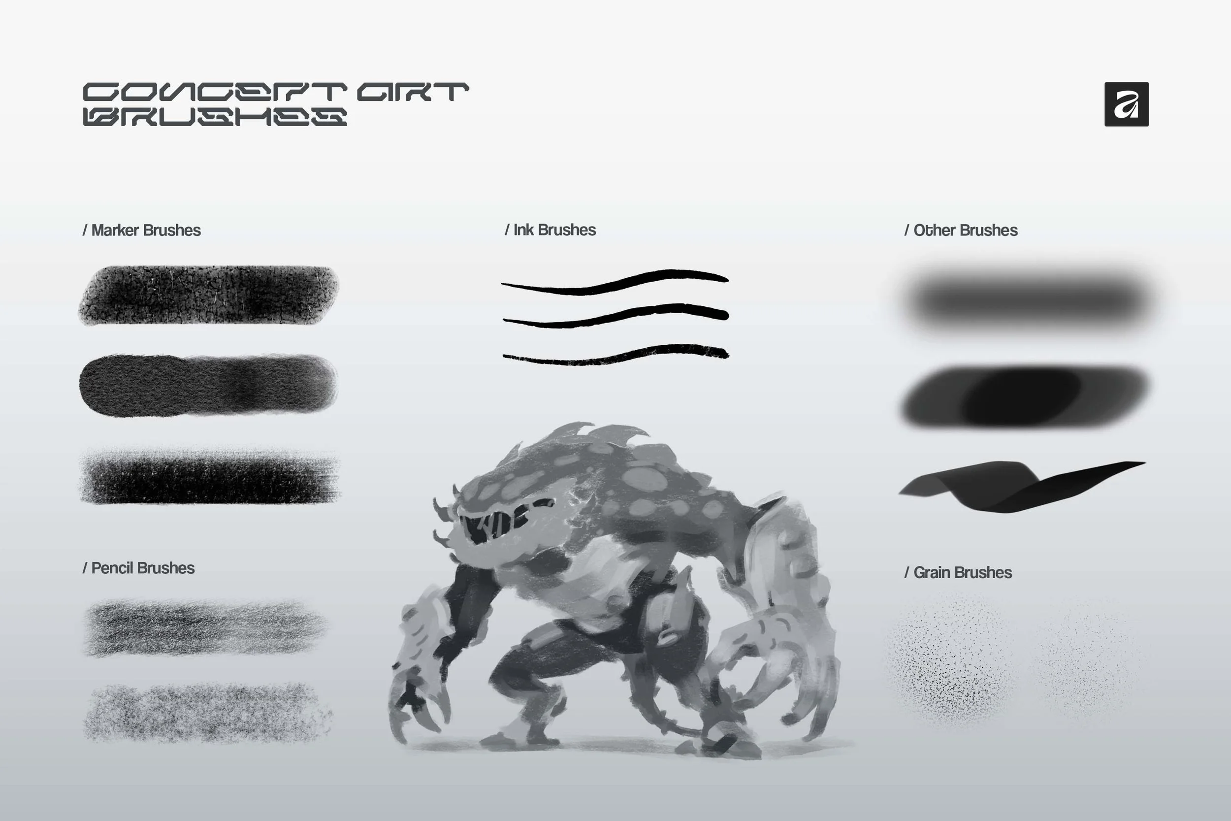 Marker, ink, pencil, grain and shape brush stroke samples around a grayscale creature painting — Brushapes Concept Art Affinity brushes