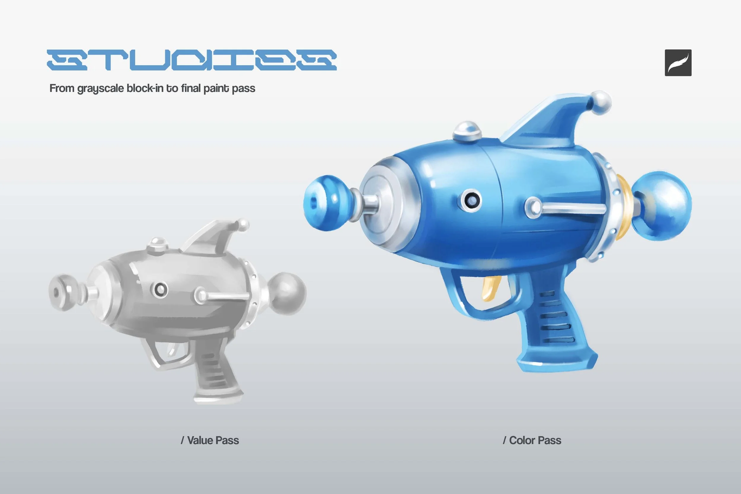 Sci-fi ray gun shown in grayscale value pass and finished blue color pass — Brushapes Concept Art brushes hard-surface workflow demo