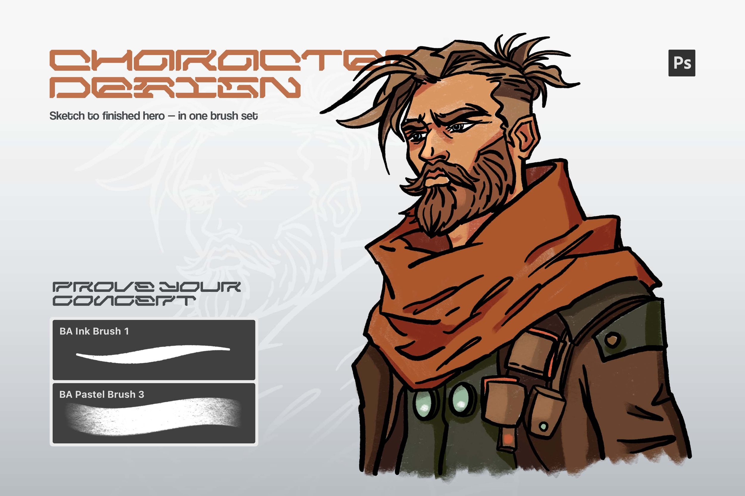 Bearded post-apocalyptic character in orange scarf and utility coat — Brushapes Character Design Photoshop brushes, ink and pastel pass