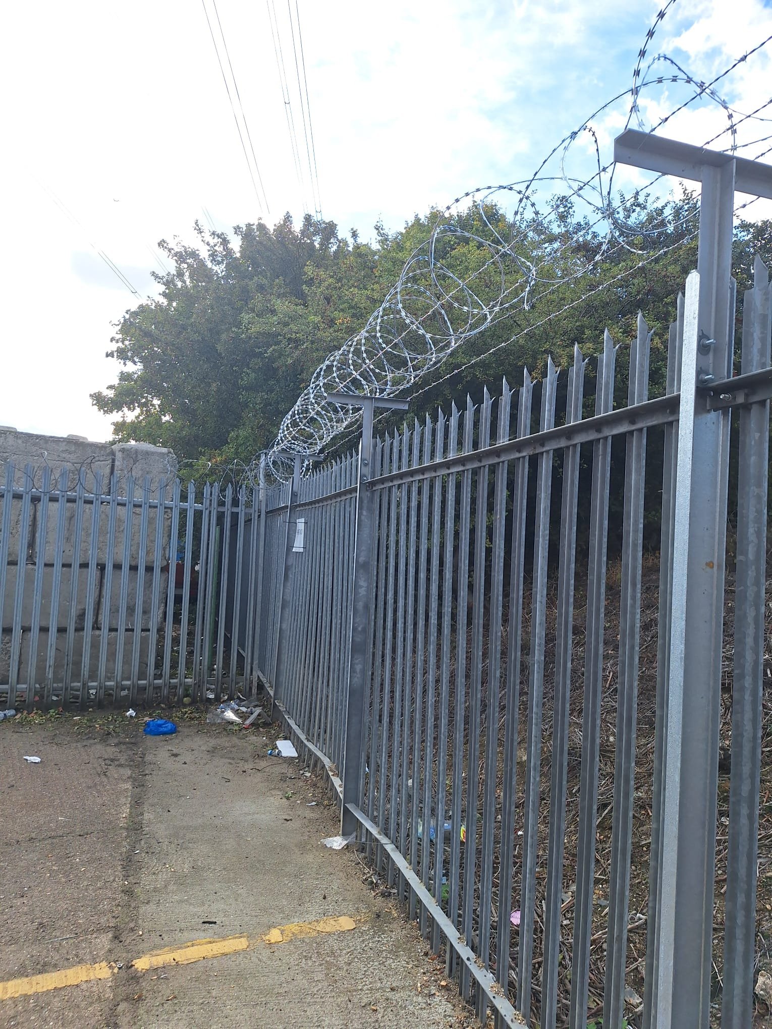 A metal fence topped with barbed wire, with trash on the ground, trees in the background, and power lines overhead on a cloudy day.