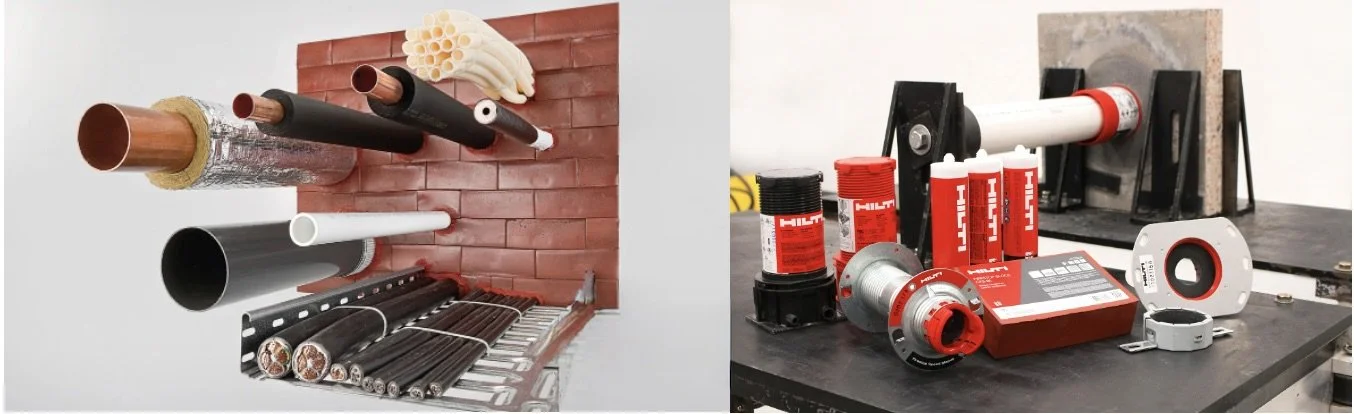 Left side displays various pipes and tube fittings mounted on a red brick wall, with some pipes wrapped in insulation and others plain, along with a set of drill bits underneath. Right side shows mechanical and plumbing components, including pipes, fittings, and tools, laid out on a black work surface.