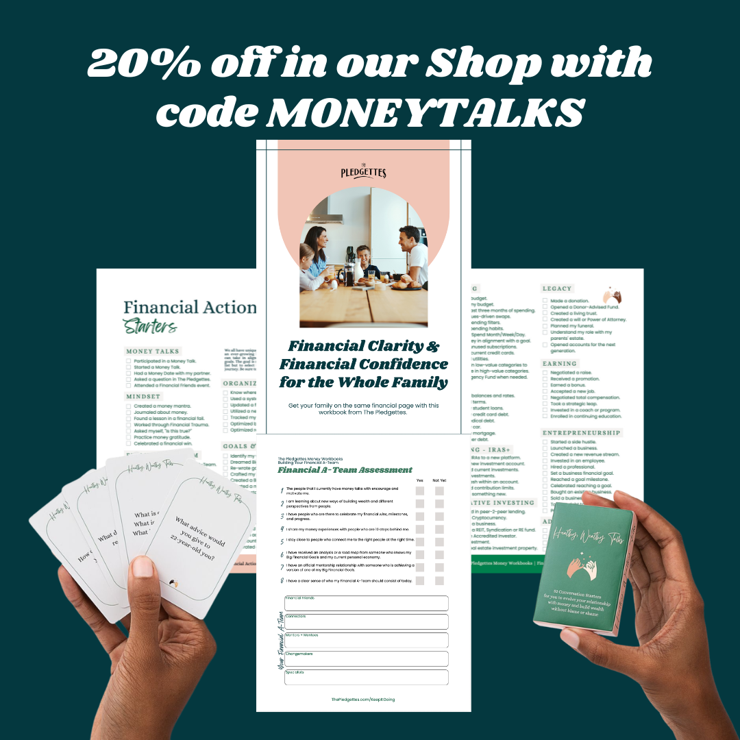 Text reads "20% off Shop with code MoneyTalks" and shows a few workbooks and a hand holding question cards.