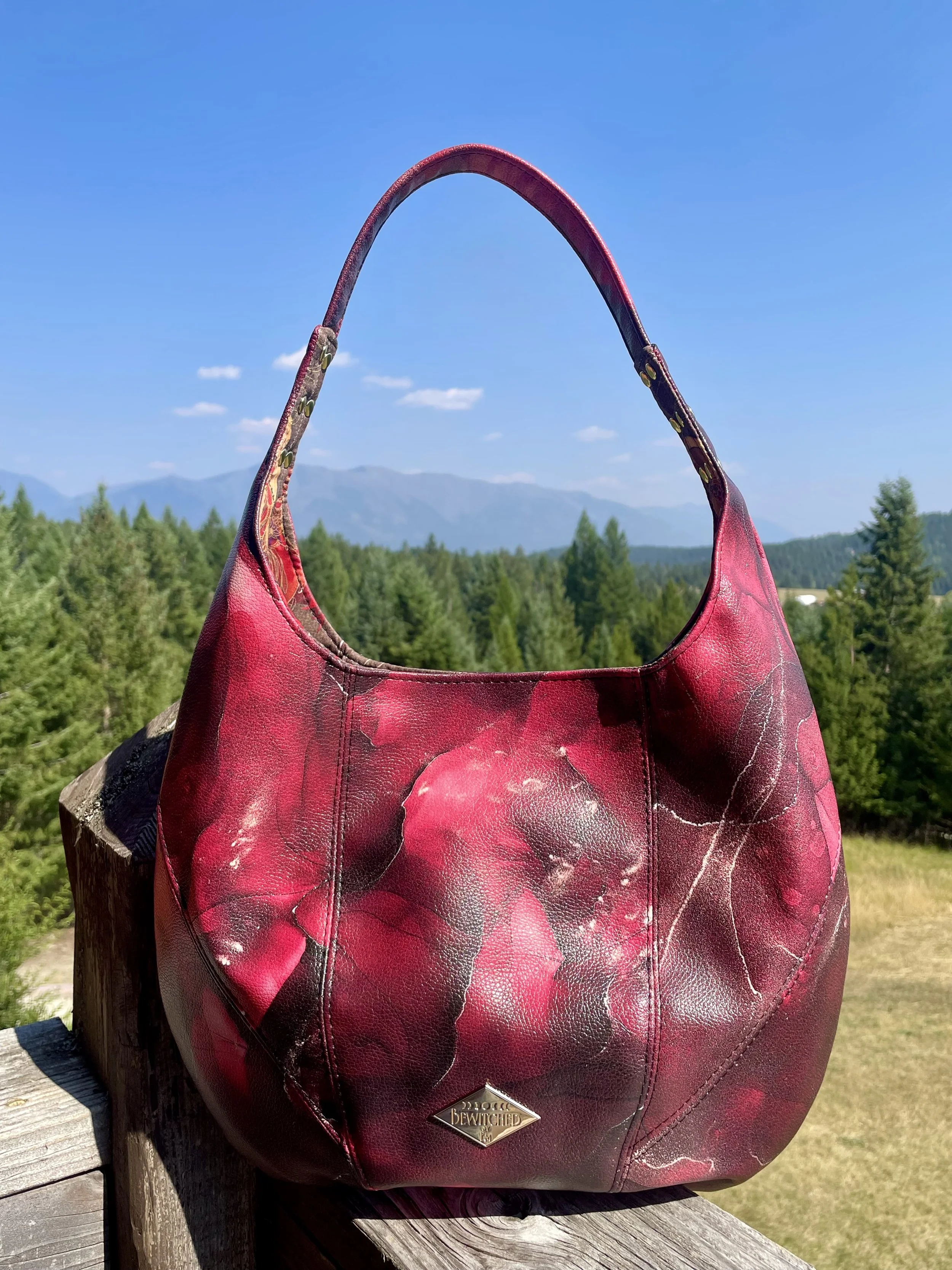 Red Burgundy Gold Alcohol Ink Vegan Leather Phoenix Slouchy Hobo Shoulder Bag