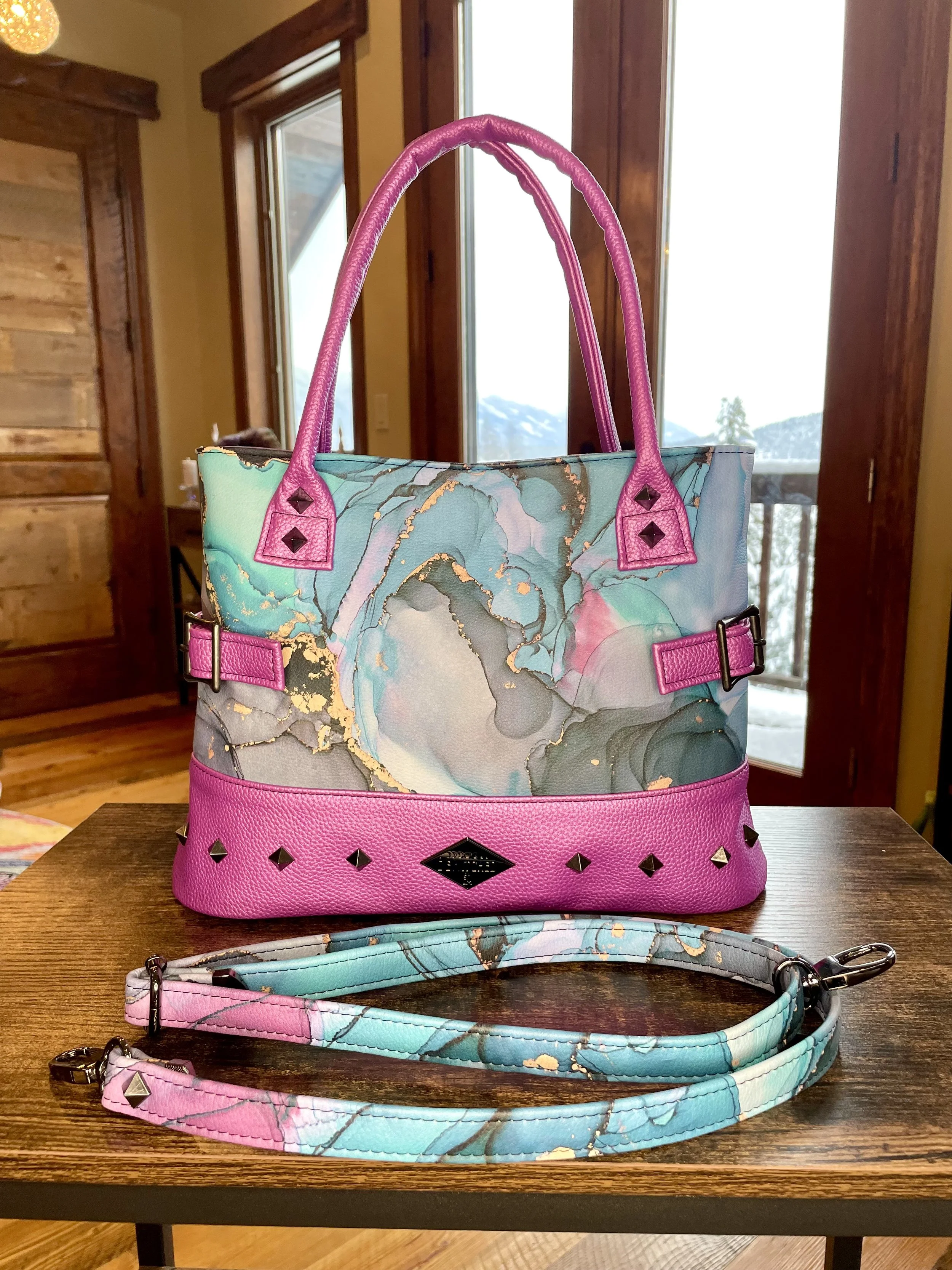 Turquoise and Magenta Alcohol Ink Spiked Shoulder Bag