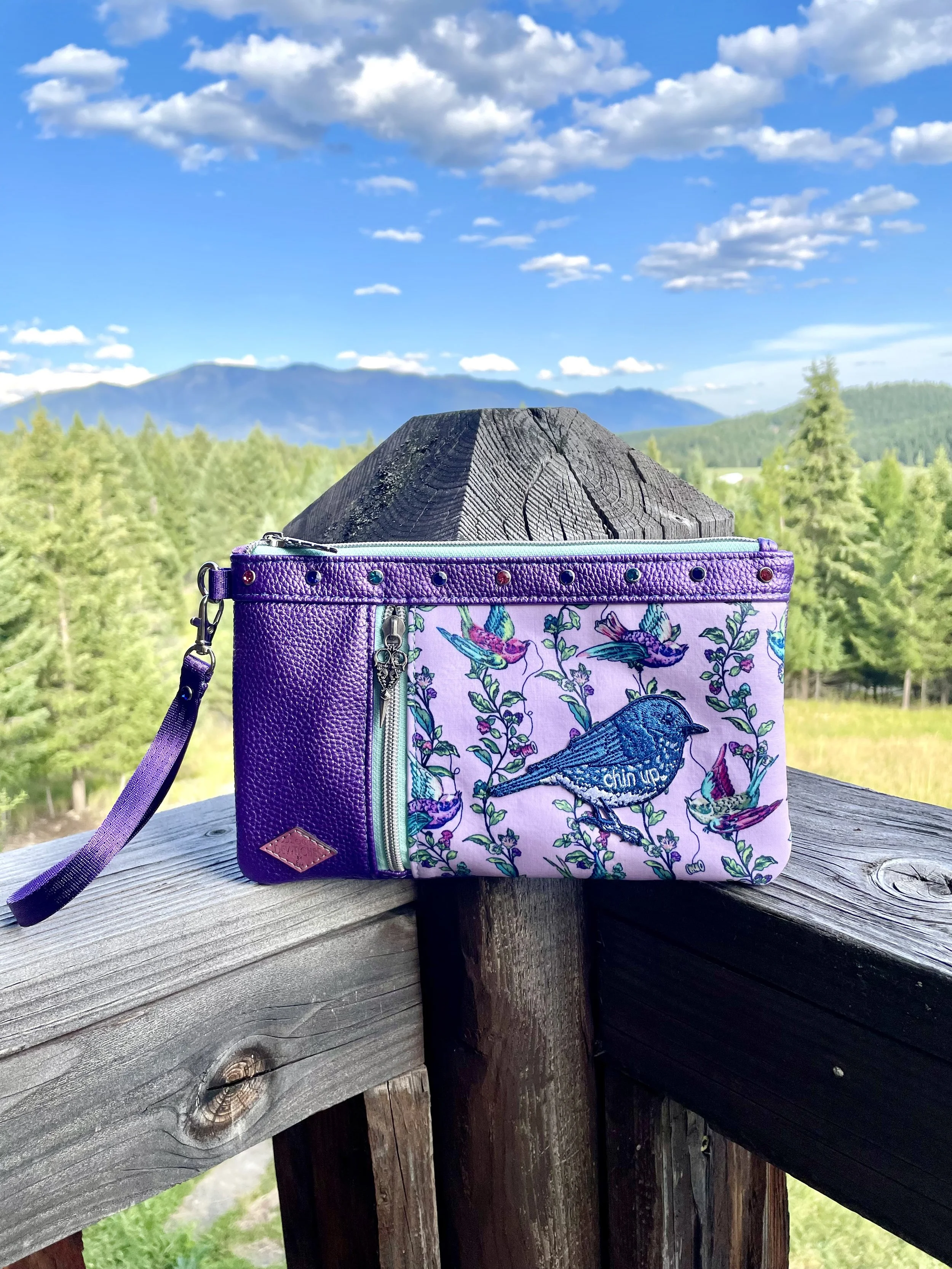 Chin Up Blue Bird Sewing Wristlet Clutch