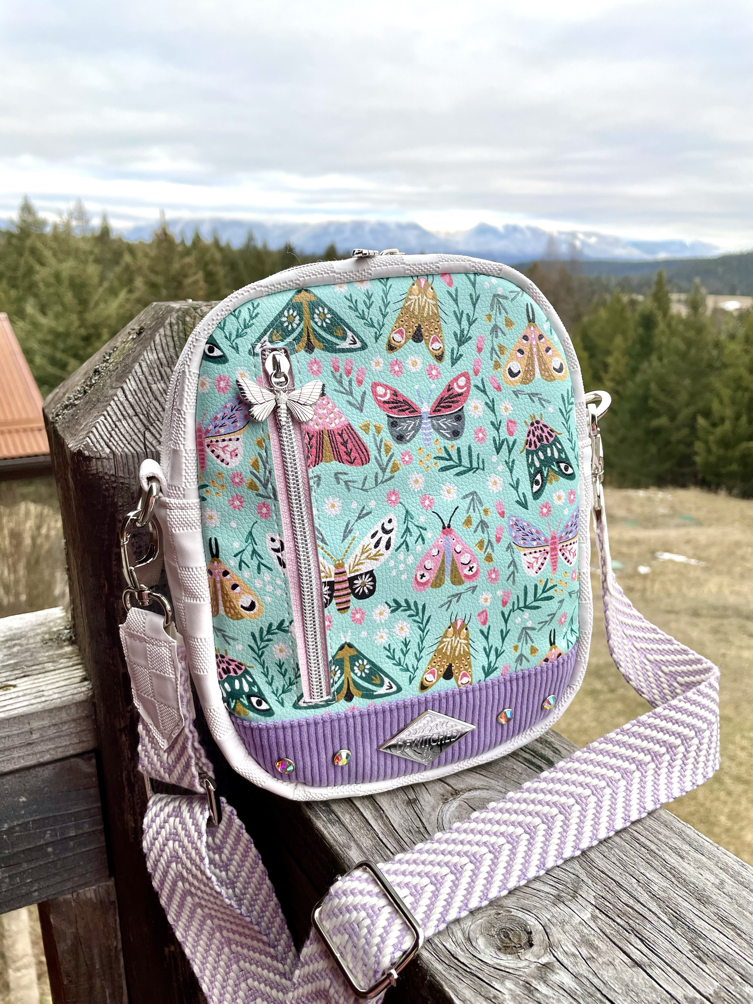 Pastel Moth Corduroy Convertible Bag: Mini Backpack, Sling, Crossbody White and Lavender