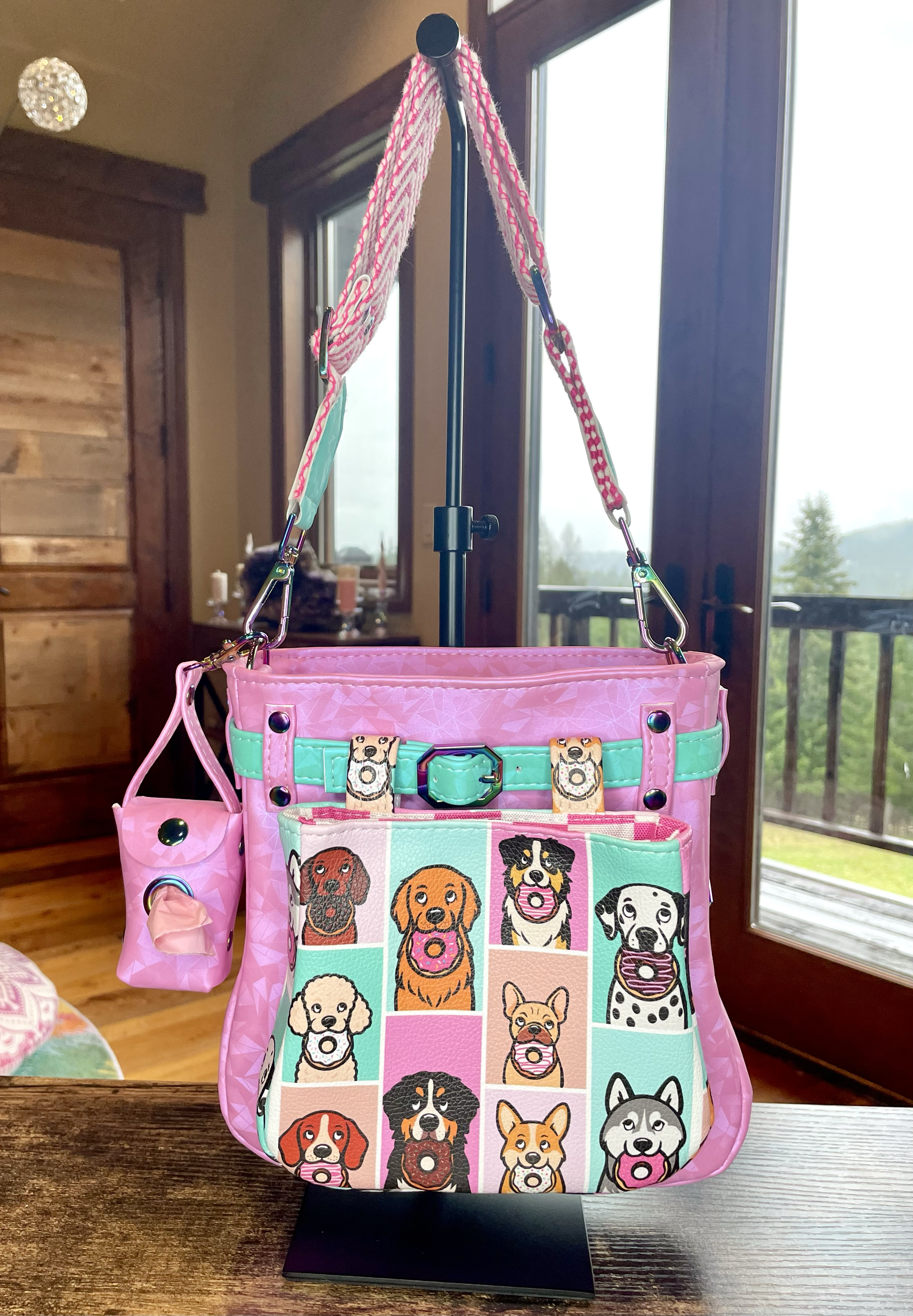 Pink Geometric Dog Walk and Treat Bag with Turquoise Accents – Crossbody Purse & Hip Bag