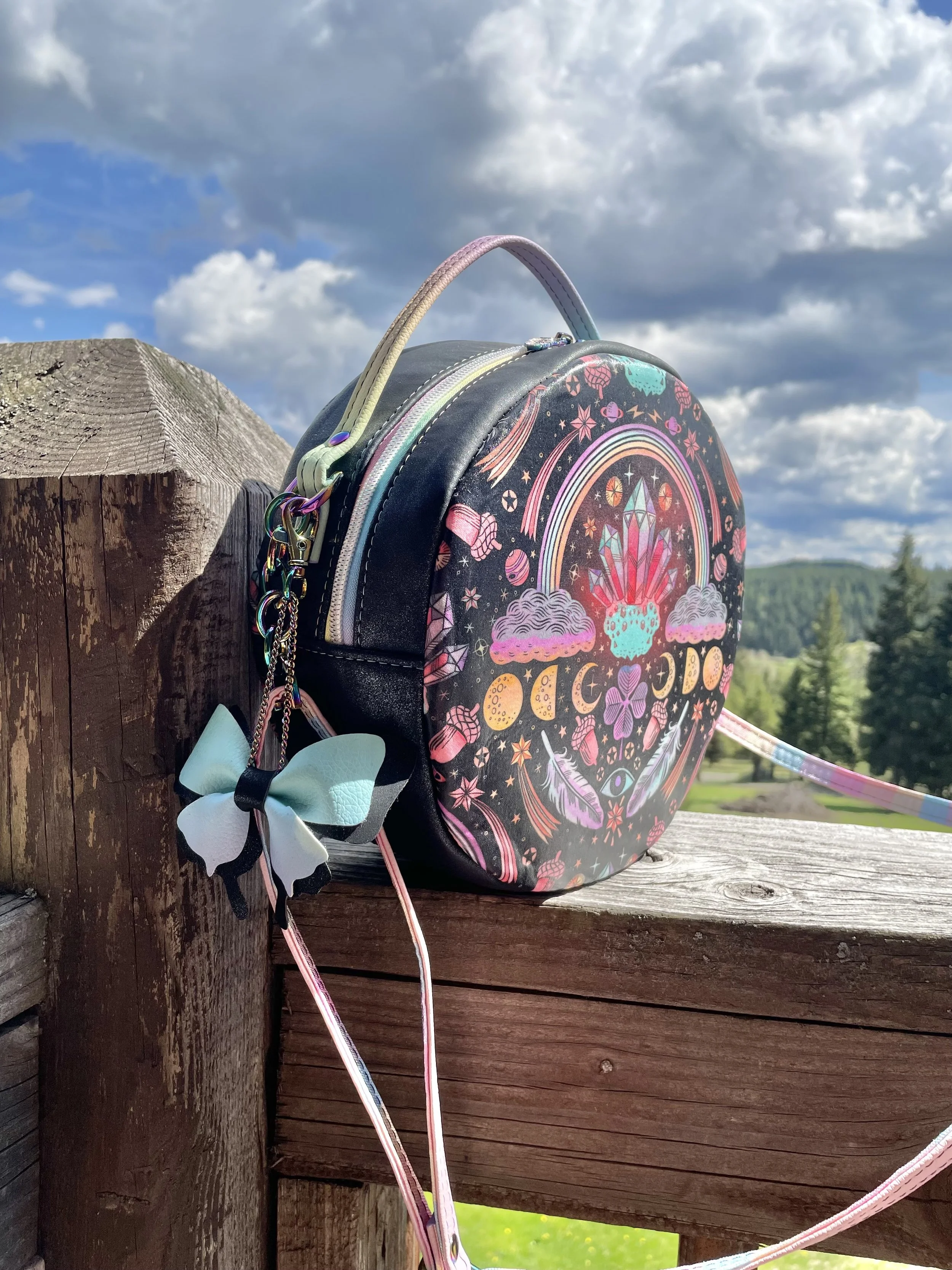 Crystals and Rainbows Circle Bag: Black and Colorful Cossbody Purse