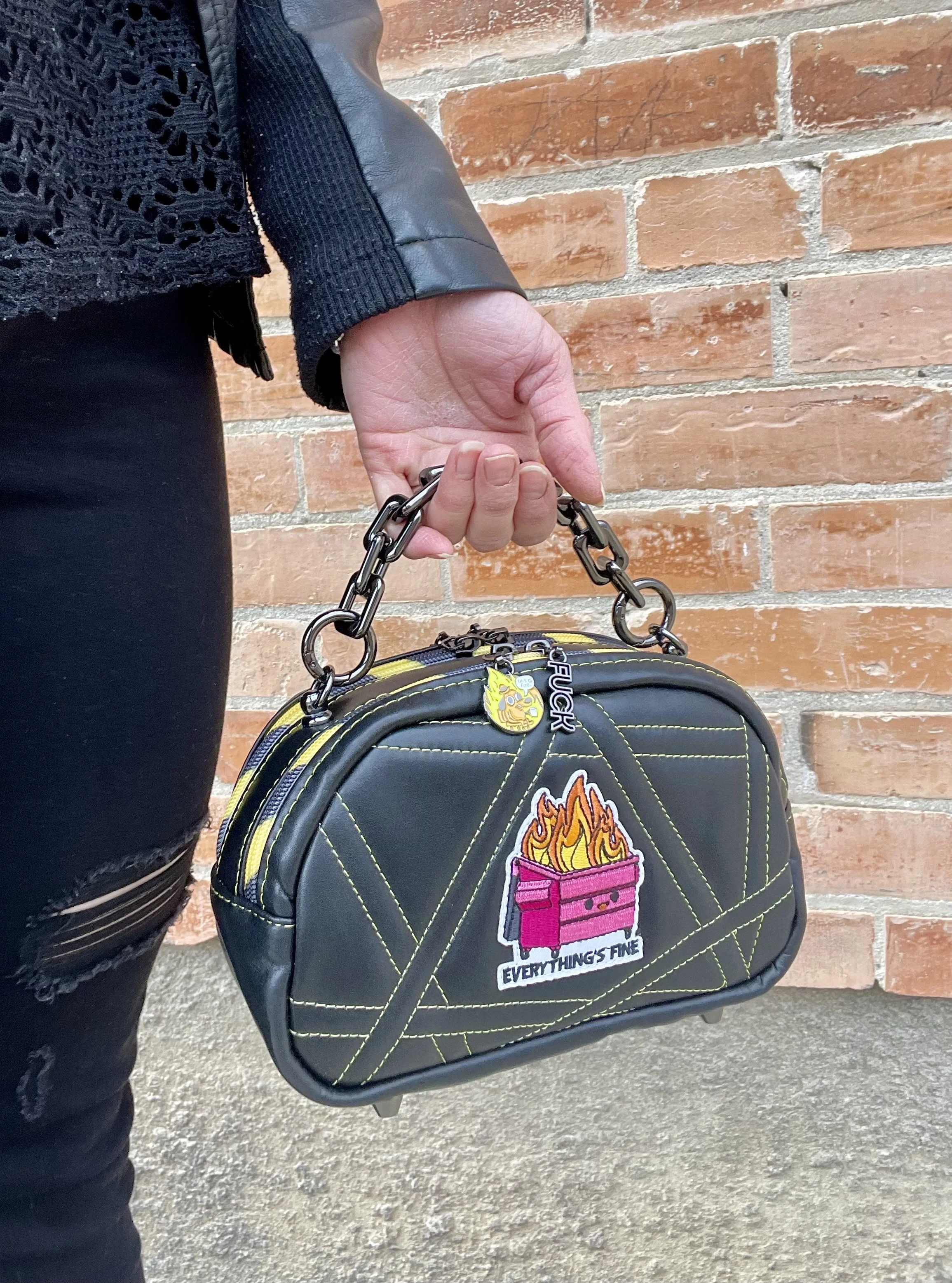 Quilted Faux Leather I’m Fine Handbag Caution Tape Gunmetal Chain – Hot Mess Bag