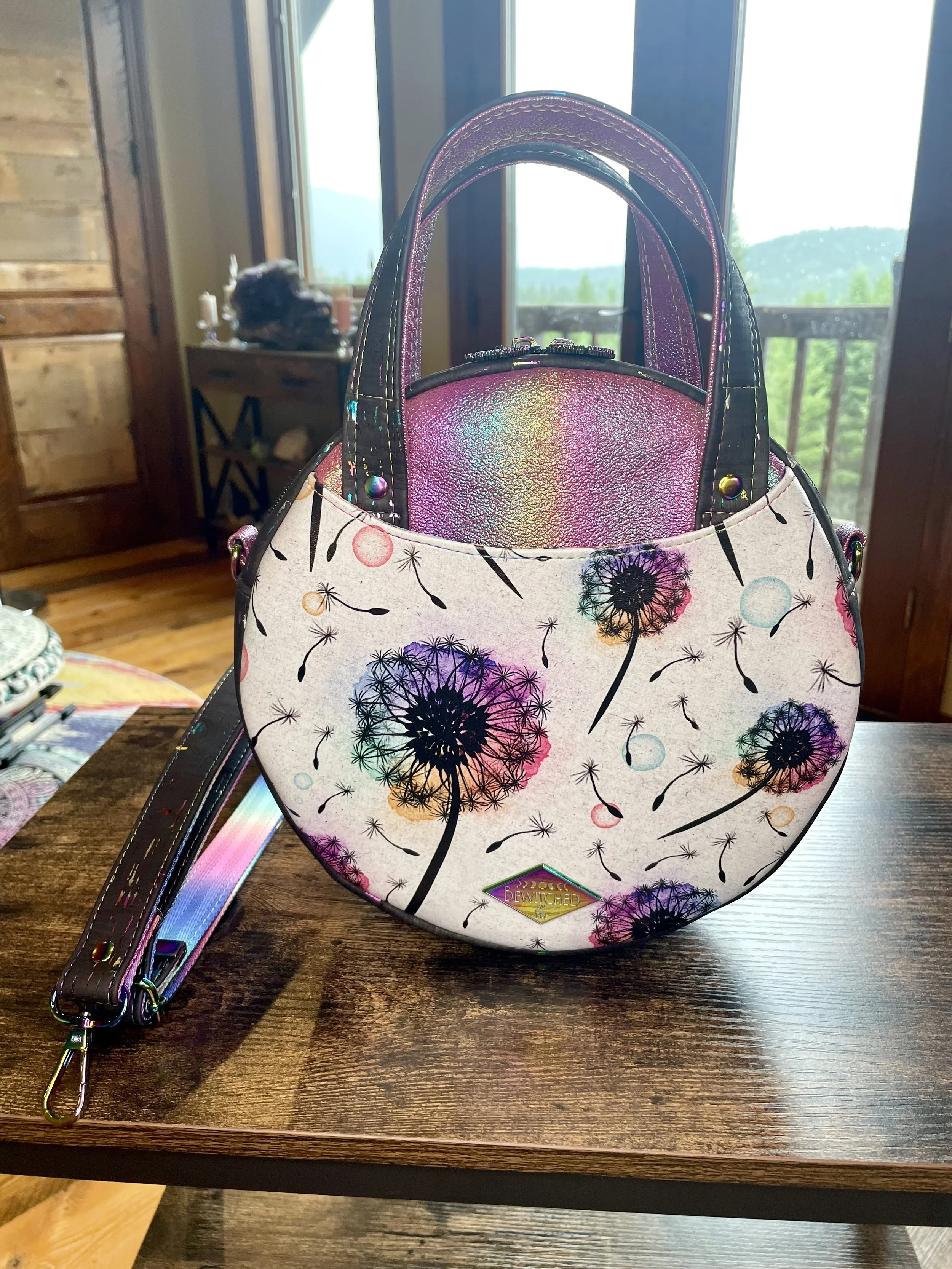 Rainbow Wishes Dandelion Cork and Vegan Leather Round Handbag Crossbody Purse