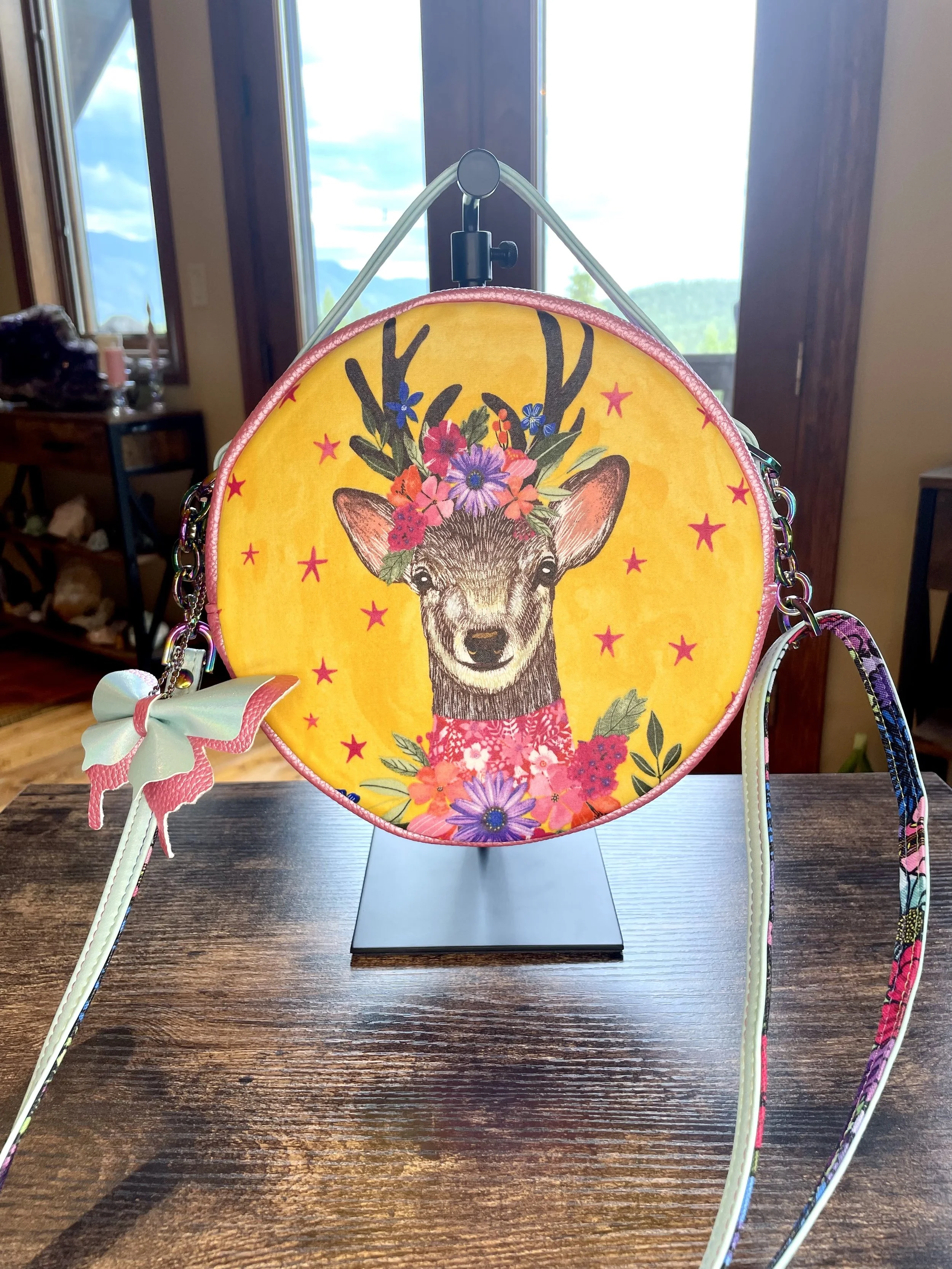 Deer and Owl Double Sided Purse Round Crossbody Bag Rainbow Butterfly