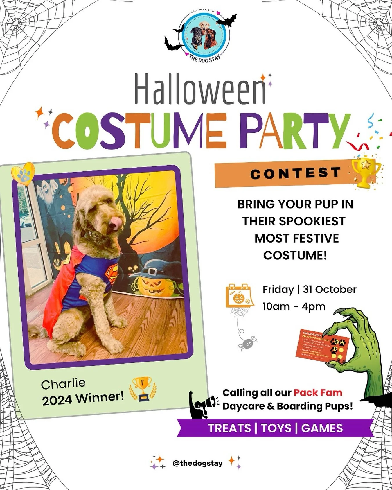 It&rsquo;s costume time @thedogstay, Pack Fam!💜 🎃 Oct 31 | 10&ndash;4 📸 Every pup in costume is automatically entered into the contest &mdash; winners announced November 1st!
#thedogstay #silverspringdowntown #silverspringmd #dogsofthedmv